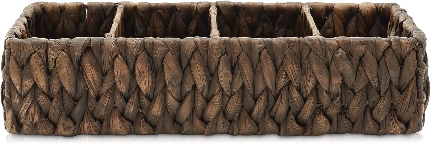 Casafield Set of 2 Water Hyacinth Basket Organizers with 4 Sections, Espresso - Woven Storage Bins for Bathroom, Laundry, Pantry, Office, Shelves