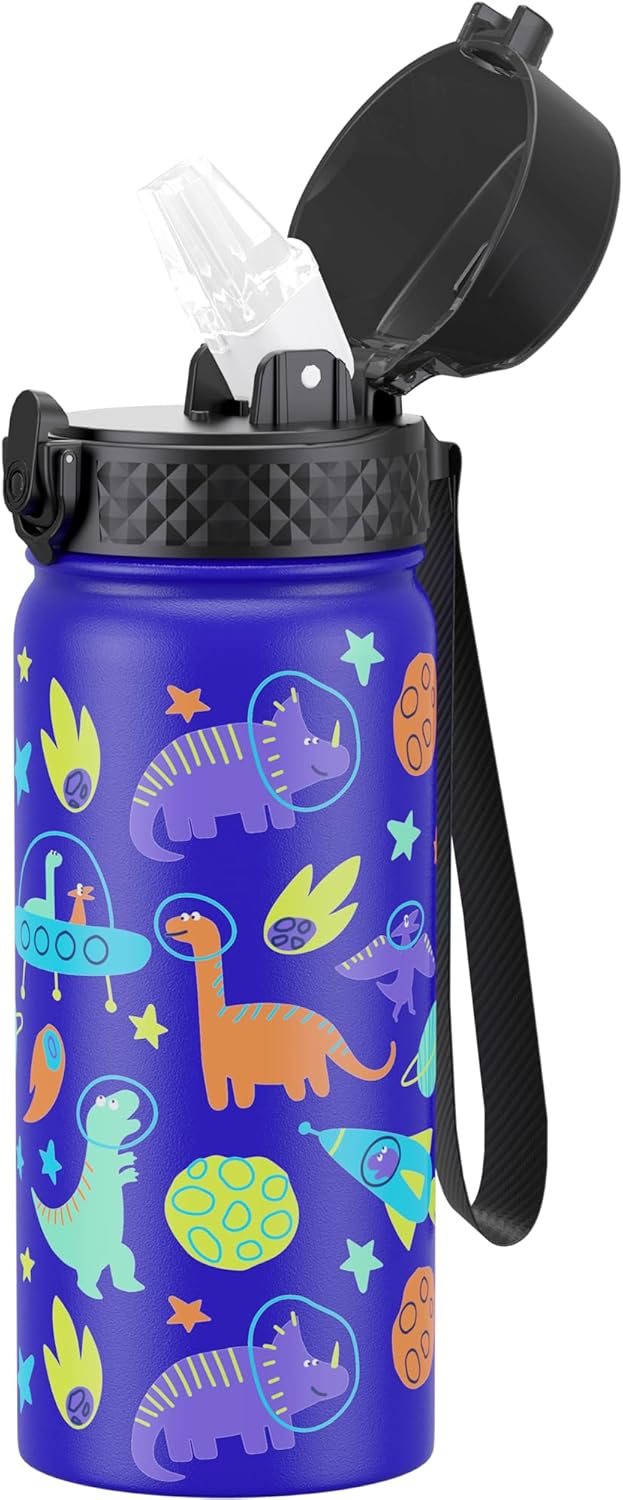 GOPPUS Kids Water Bottle (Straw Lid)-18oz Vacuum Insulated Stainless Steel, Reusable Tumbler for School, Boys, Girls,Blue Space Dinosaur