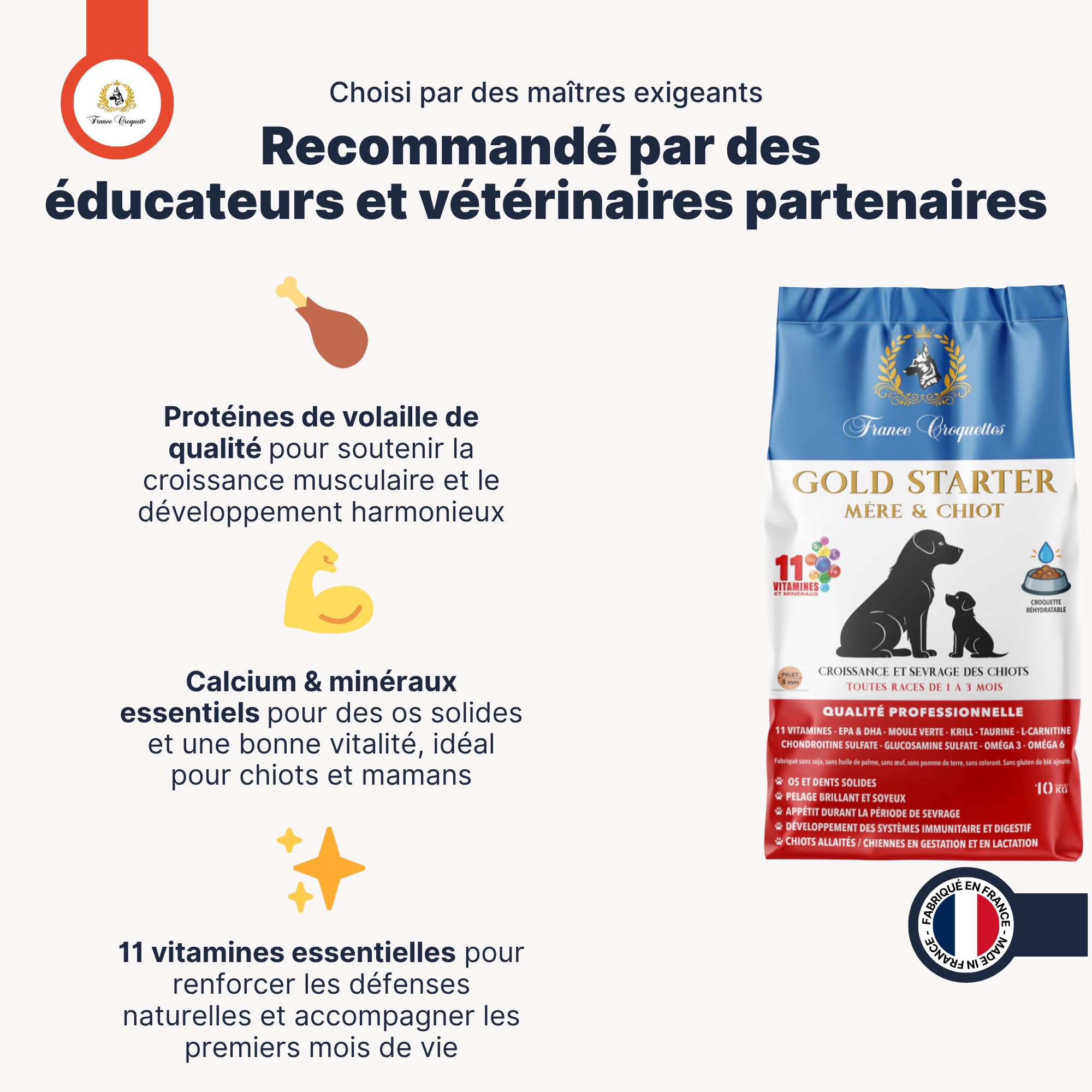 Croquettes Chiens Premium – Gold Starter Mère & Chiots 1 à 3 Mois & Chiennes Gestantes | Croissance, Sevrage Facile, Immunité, Digestion & Vitalité | Fabrication Française – Sac 10 kg