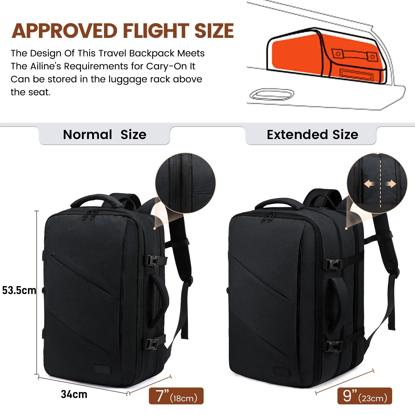 LOVEVOOK Zaino Da Viaggio Borse Da Cabina Per Easyjet Ryanair Zaino Aereo Bagaglio A Mano Uomo Donna Zaino Porta PC 18 Pollici Zaino 50 Litri Grande Trekking Travel Bag Zaino Nero