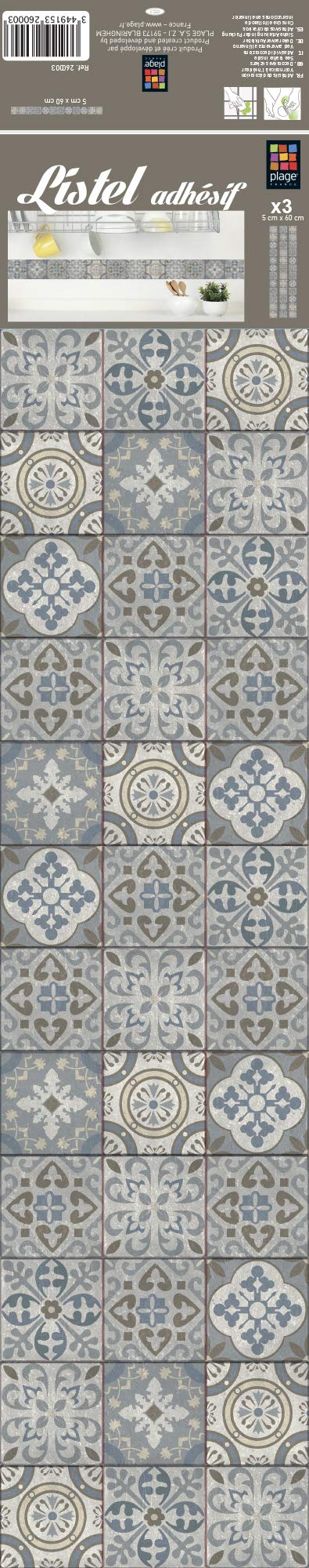 260003 3 Self-Adhesive Wall Borders Old Tiles Borgatella - (5 x 60 cm), Multicolour (180 x 5 cm)