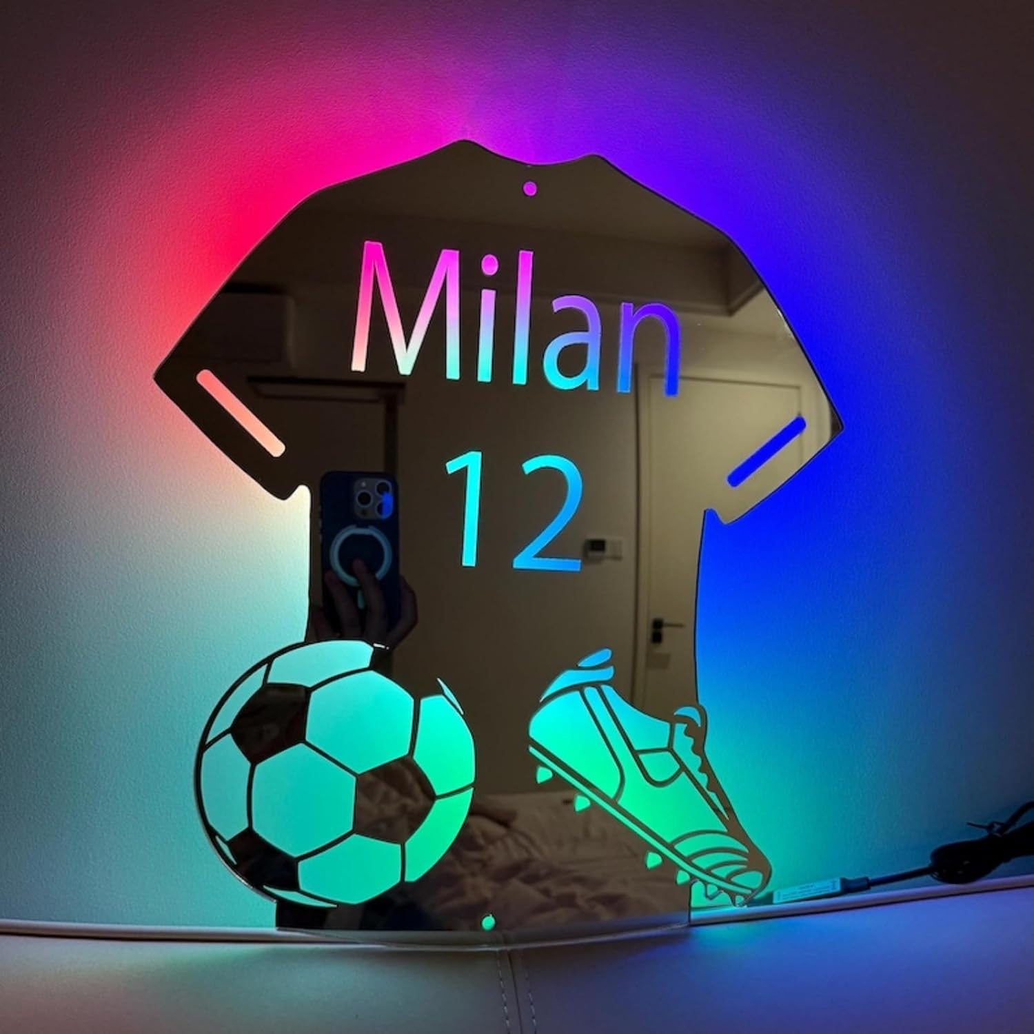 Personalized Custom Football Name Mirror,Light Up Mirror,Personalized Affirmation Mirror,Personalized Light up Name Mirror Sign (30x35cm)
