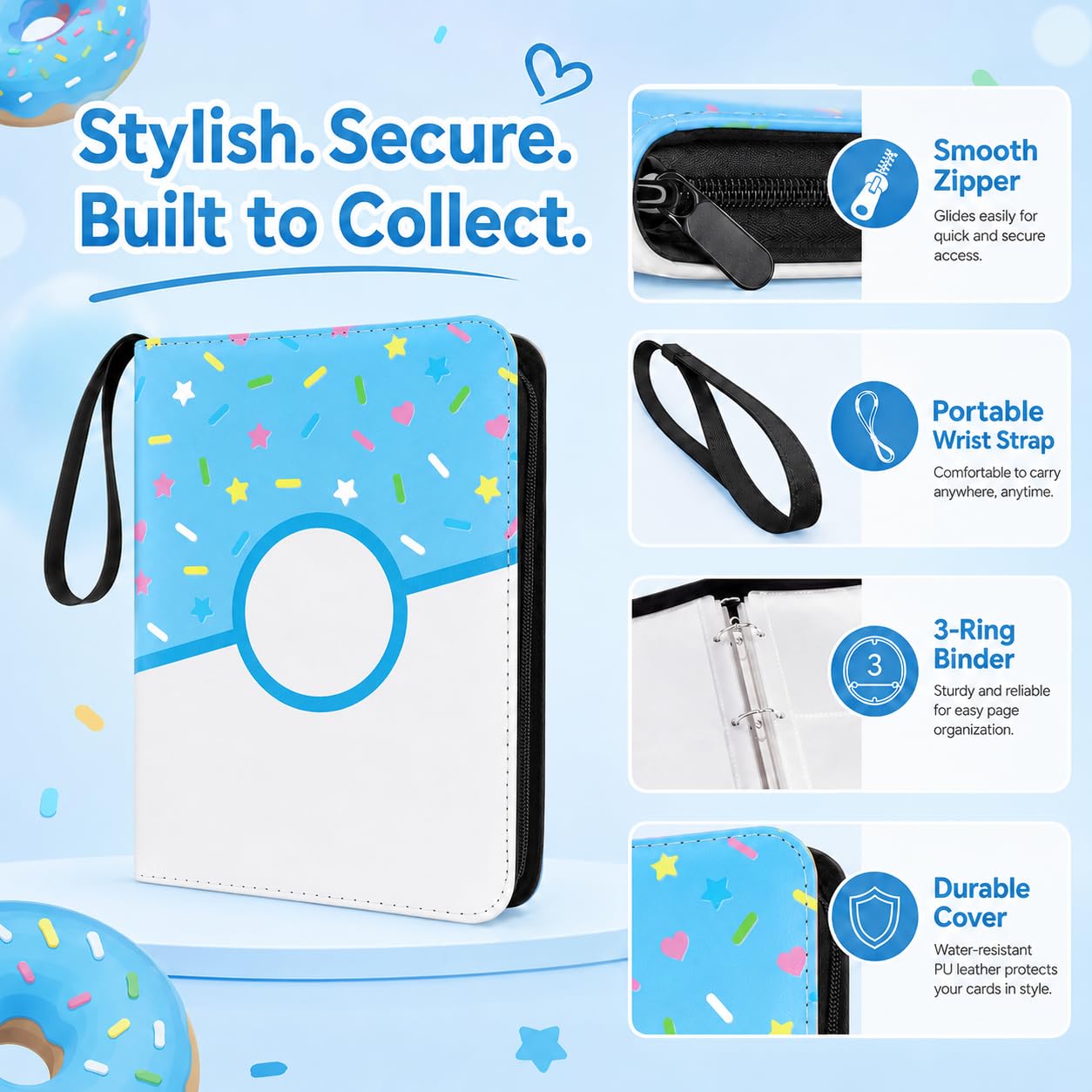 Album per carte da collezione 900 tasche, ciambella blu, con cerniera, per ragazze e adolescenti (ciambella blu, 900 tasche)