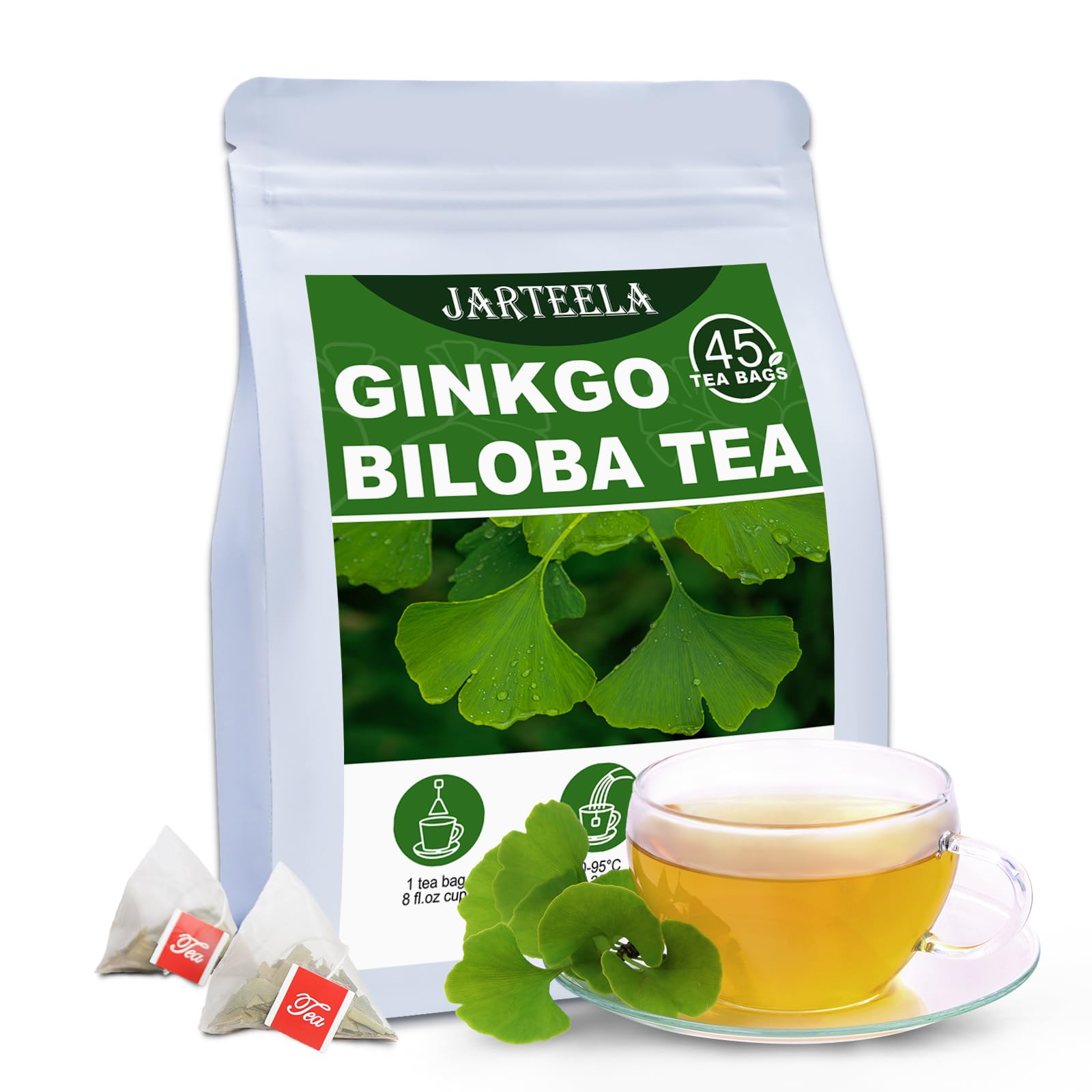 Jarteela - Ginkgo Biloba Tea Bags - 2g x 45 Count - Naturally Dried Ginkgo Biloba Leaves - Non-GMO - Caffeine-Free - Support Liver Health & Enhance Immunity