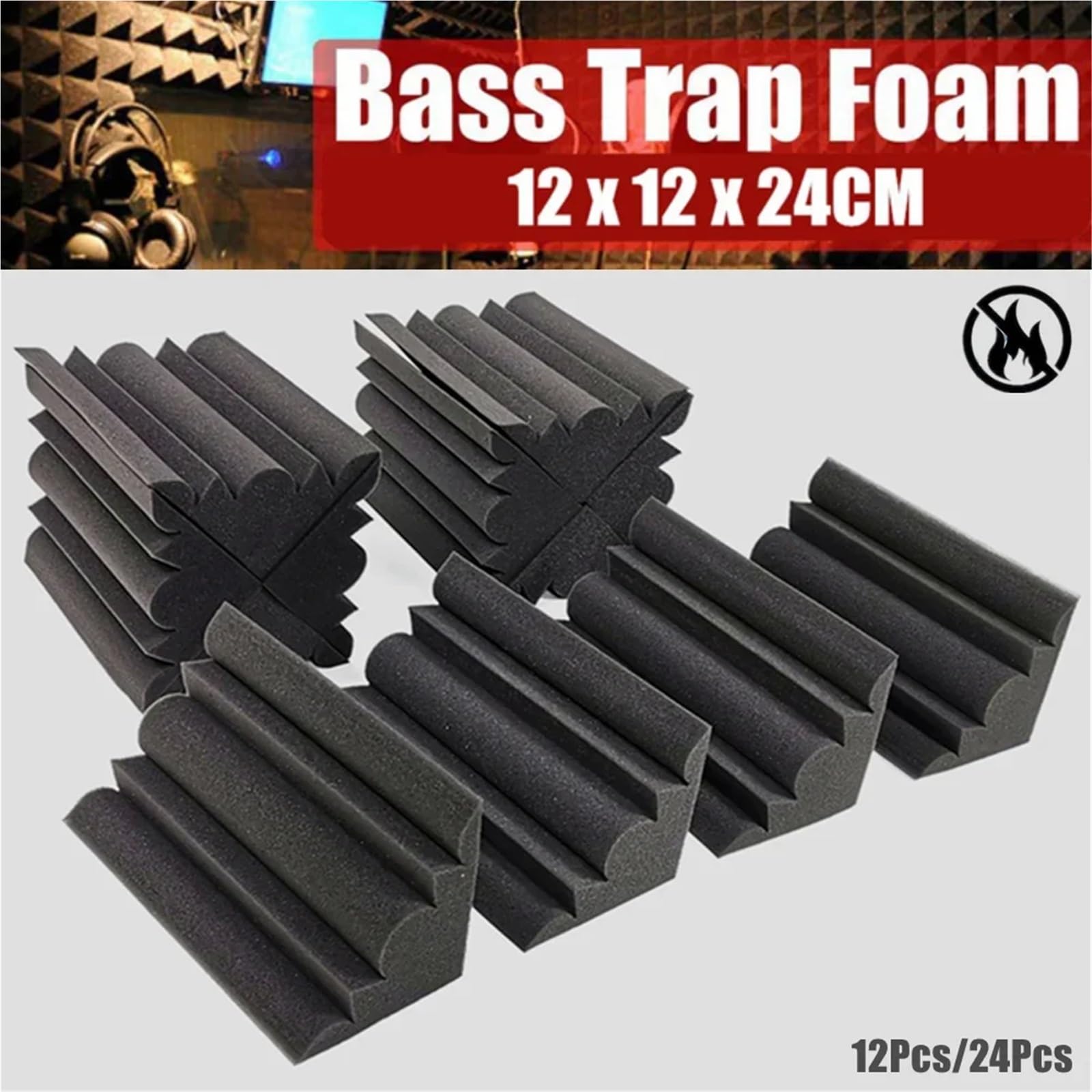 Sound Insulation Mats 12/24 Stück 12 x 12 x 24 cm Bassfallen Akustikschaumstoff Schalldichte Schaumstoffplatte Schallabsorptionsstudio-Eckschaum mit hoher Dichte(24Pcs)