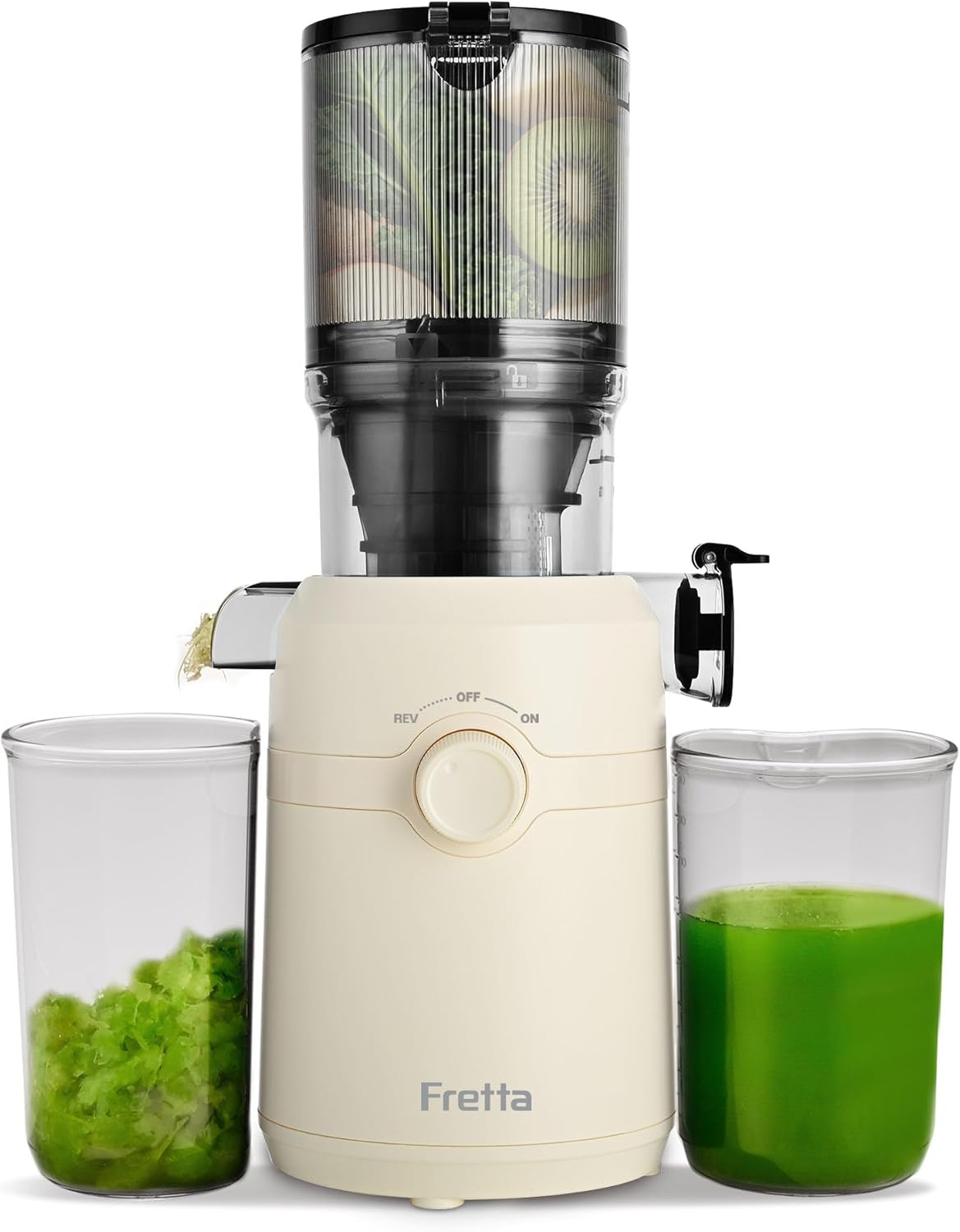 Fretta Cold Press Juicer Machines, Self-Feeding juicer with 108mm&1.0L Feeding Chute for Whole Fruits and Vegetables, Automatic 200W Masticating Juicer, High Yield Juice Extractor, Frosted White