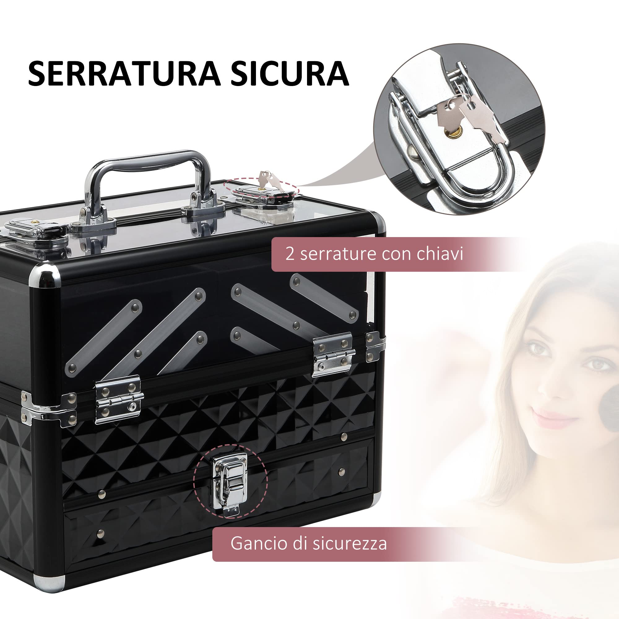 HOMCOM Valigetta Porta Trucchi Professionale da Viaggio con Serratura, Nero | Valigetta Trucchi con Vassoi Estraibili, per Makeup Beauty Case Donna, 30x18.5x22 cm