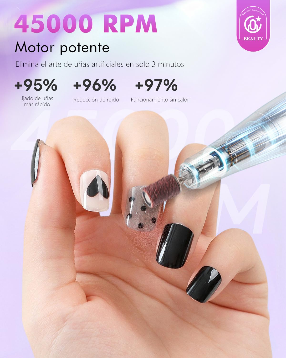CozyZen Torno de uñas inalámbrico profesional: kit de lima de uñas eléctrica recargable de 45000 RPM, portátil y silencioso para uñas acrílicas, uñas de gel, manicura y pedicura - uso en salón y en
