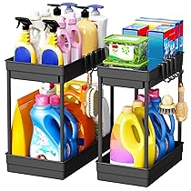 ARSTPEOE 2 Pezzi Organizer Sottolavello Cucina – Scaffale Cucina a 2 Livelli, Mobile Sottolavello Cucina con 8 Ganci, Organizer Bagno Portaoggetti, Nero