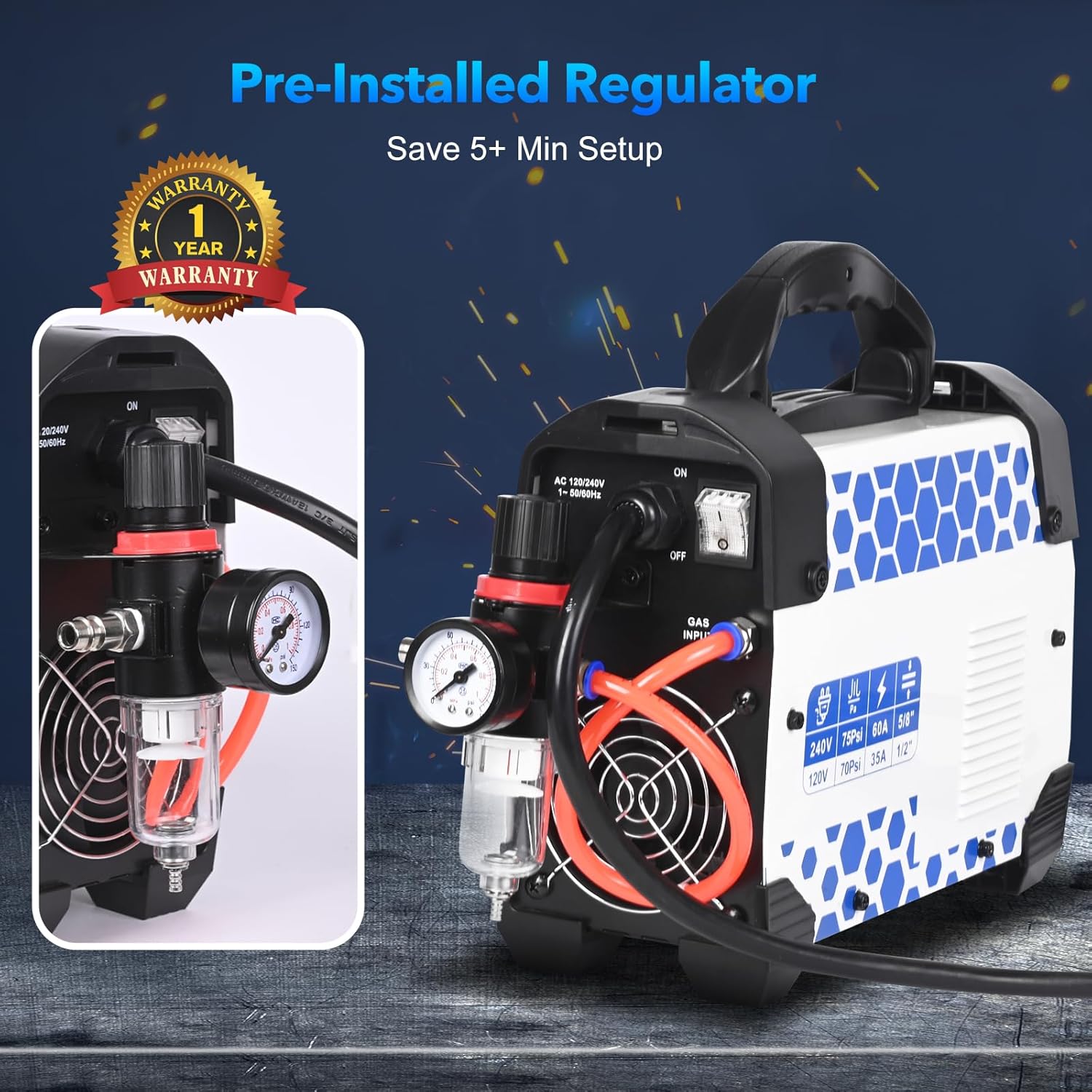 Hátulsó view of the Reboot RBC6000DL Plasma Cutter showing the pre-installed air filter regulator