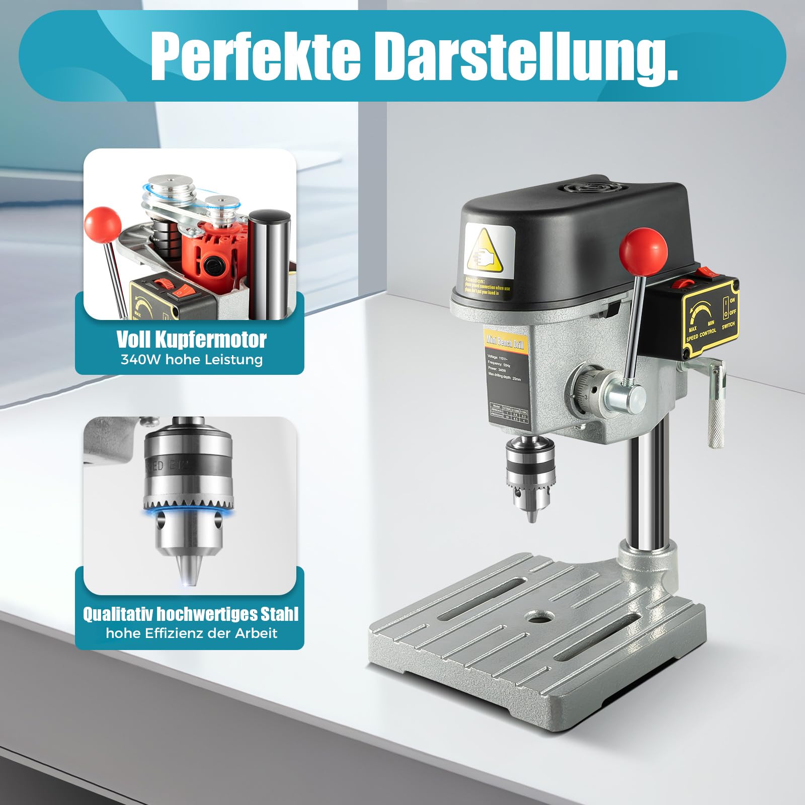 Tischbohrmaschine 340W, Standbohrmaschine, 3-Gang Geschwindigkeit (0-16000 U/min), Präzisionsbohrmaschine mit Gusseisenbasis für Holz, Kunststoff, Aluminium, DIY & Möbelmontage