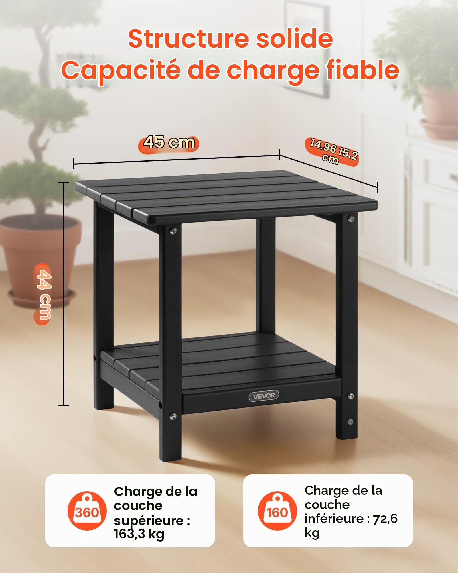 VEVOR Table d'Appoint Extérieur Jardin, 2 Niveaux, 45 x 38 x 44 cm, en PEHD, Entretien Facile, Résiste aux Intempéries, pour Terrasse, Bord de Piscine, Plage, Porche, Patio, Balcon, Intérieur, Noir