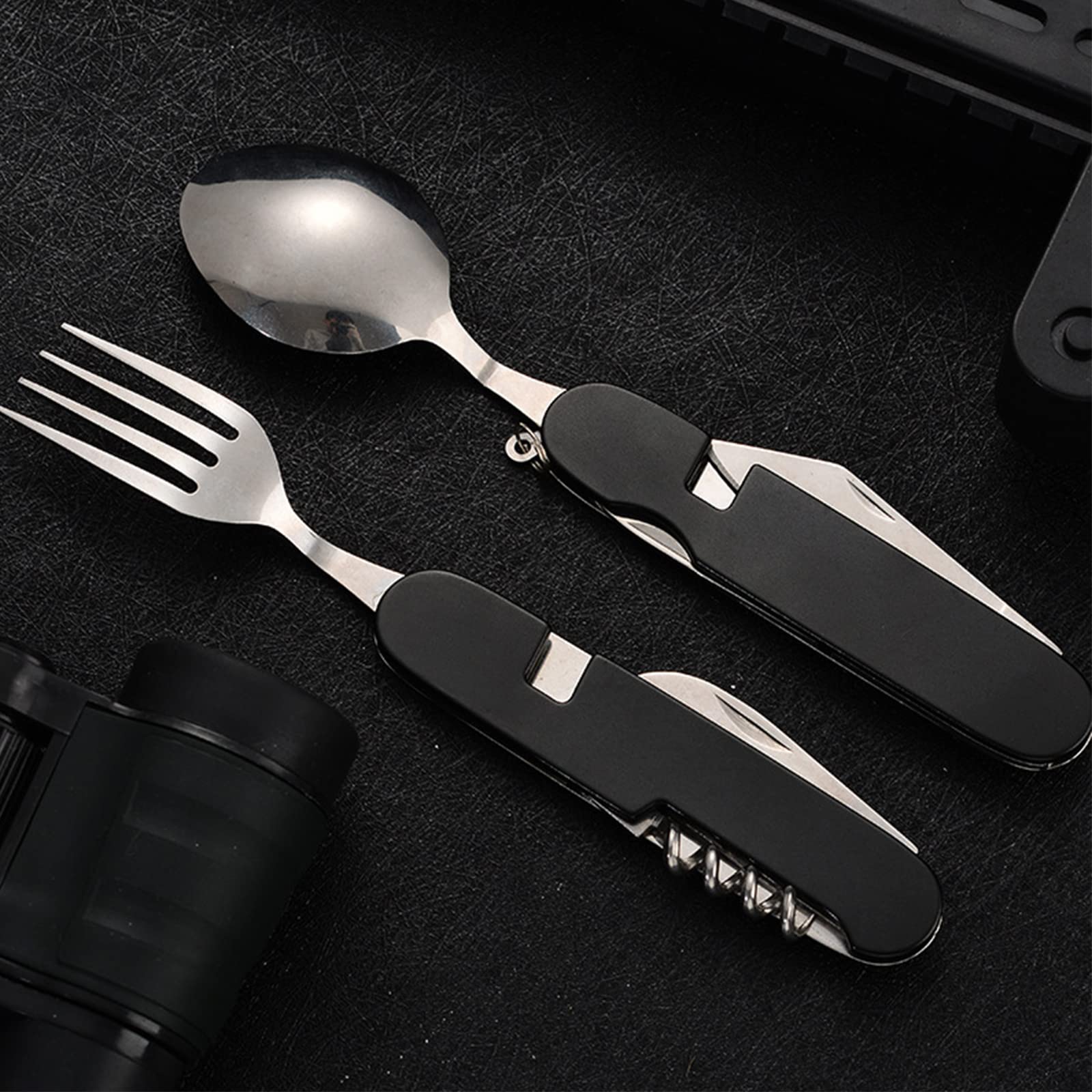 Set di 2 posate 6 in 1 per campeggio, posate pieghevoli in acciaio inox, stoviglie da campeggio, multifunzionali, portatili, per viaggi, esterni, pic-nic, sopravvivenza (nero)