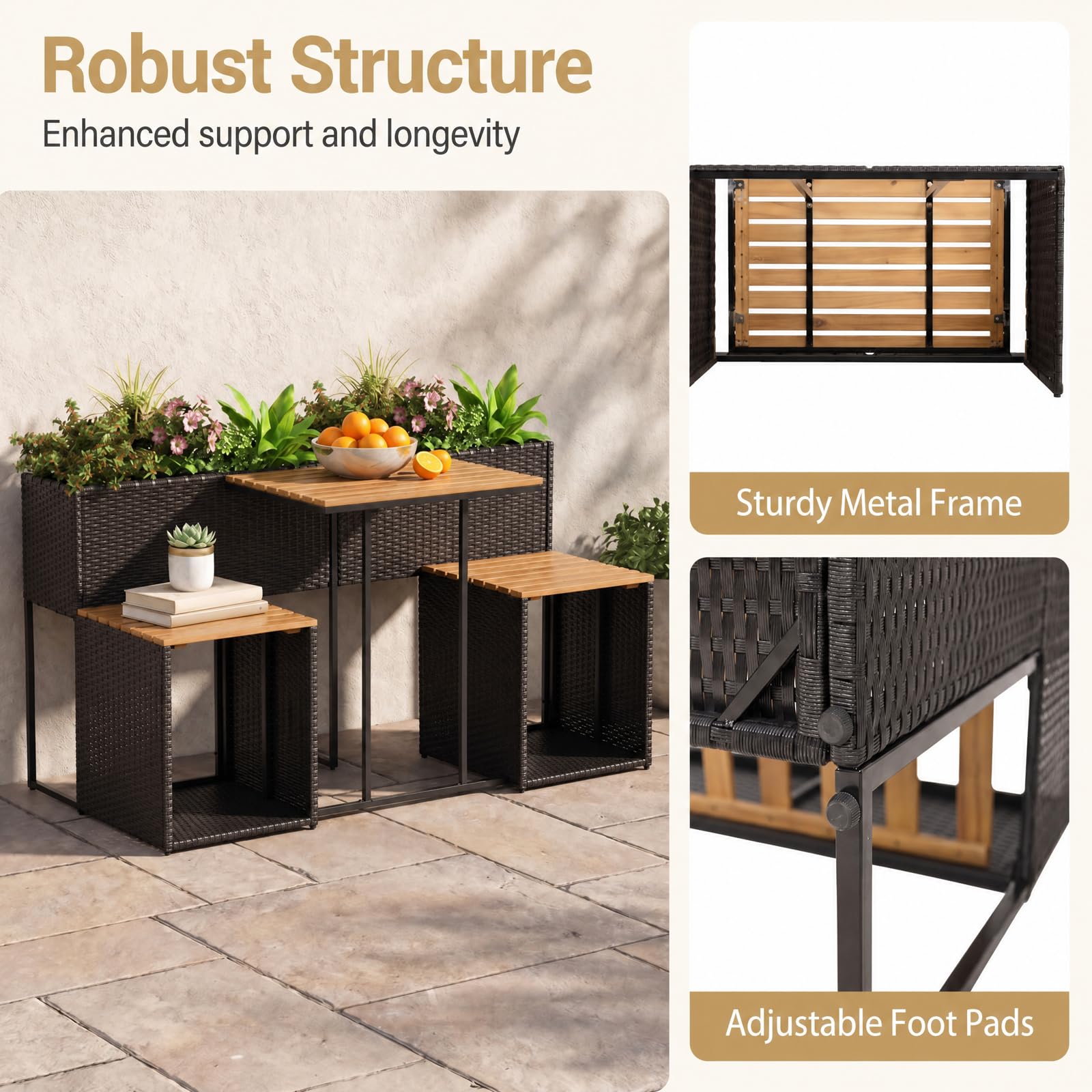 GIANTEX Juego de Muebles de Exterior con Jardinera Elevada, para 2 Personas (Marrón)