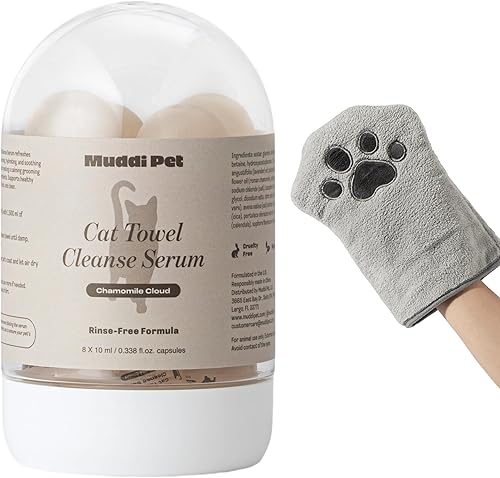 Cat Concentrated Waterless Rinse-Free Shampoo & Conditioner with Bath Mitt – Sensitive Skin, Stress & Itch Relief Gentle Leave-in Serum – 98.65% Naturally Derived-Dry Shampoo for Cats–8×10ml
