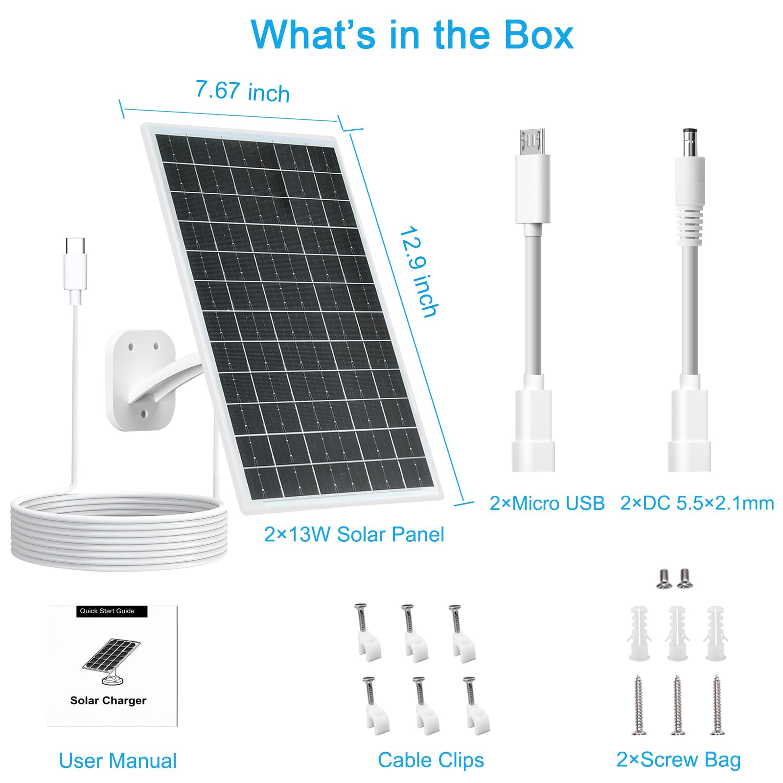 FUTUREZEN Panel solar de 13 W para cámaras de seguridad y cámaras de sendero, USB-C, micro USB y salida CC de 5,5 x 2,1 mm, impermeable IP66, montaje ajustable de 360°, cable de 7.2 pies, paquete de 2