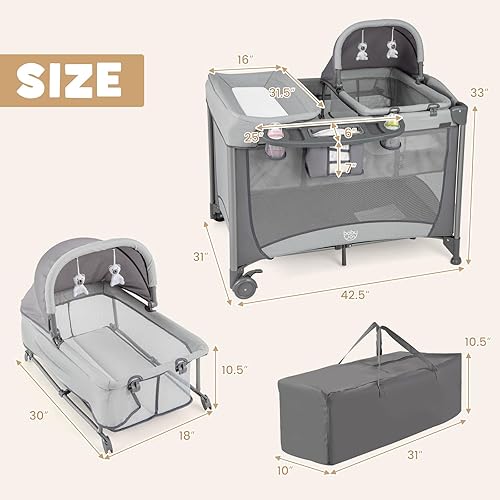 Miniatura 6 de BABY JOY 4 en 1 Pack and Play, corralito portátil para bebé con moisés y mesa cambiadora de pañales, moisés infantil centro de actividades para cuna