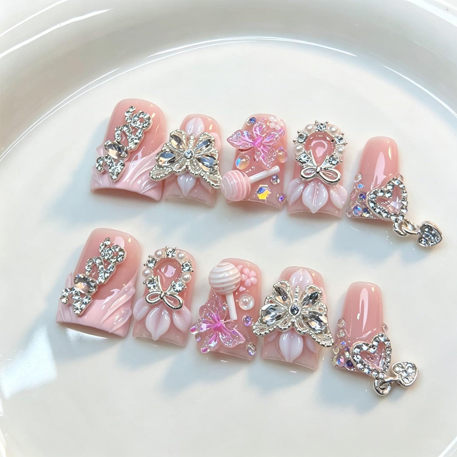Photo 1 of 10 Pcs Duck Press on Nails Medium Handmade Fake Nails Thick Acrylic Muti-Layer Gel 3D Flower Nails Press Ons wtih Golden Shell Starfish Design Full Cover French Tip False Nails for Women (M)