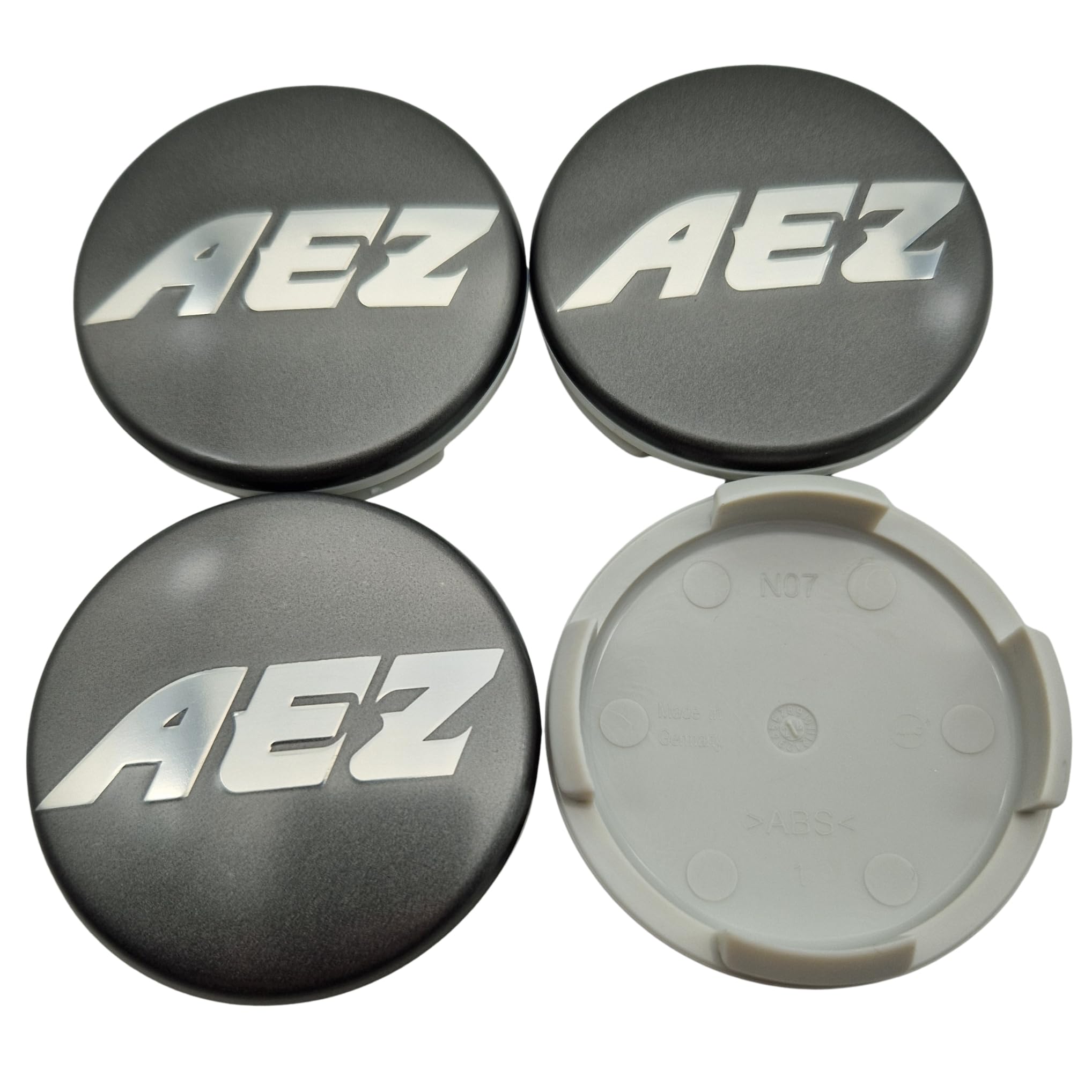 4X AEZ Nabendeckel 60 mm / 56 mm (AZD), N07 Felgendeckel Nabenkappe Radnabenkappe, Graphit Matt, Original Felgenkappe