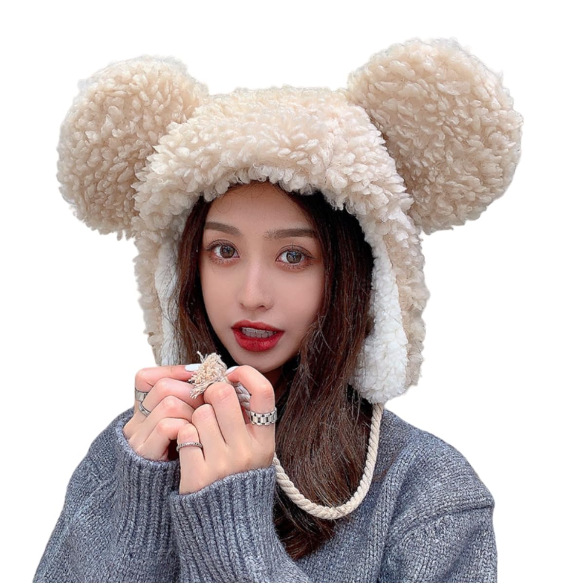 Cute Plush Faux Fur Animal Critter Hat Cap with Ear Flaps Fuzzy Bear Hat Soft Warm Winter Hat Beanie for Adults Women Girls Beige