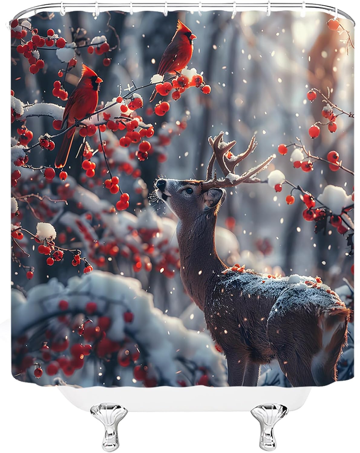 GCTNBJL Winter Deer Shower Curtain Reindeer Tree Red Bird Berry Snow Forest Christmas Rustic Animal Cabin Extra Long Bathroom Home Curtain with Hooks,70x78 Inch