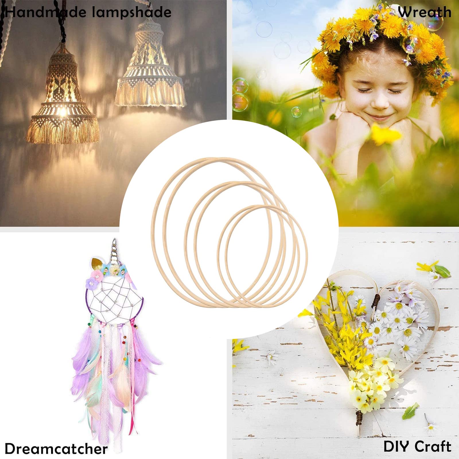 6 Anelli Floreali di Corona in Bambù, Dream Catcher Cerchio Rotondo in Legno, Macramé Fai Da Te Artigianato Strumenti 3 Dimensioni (10/12/15 cm)