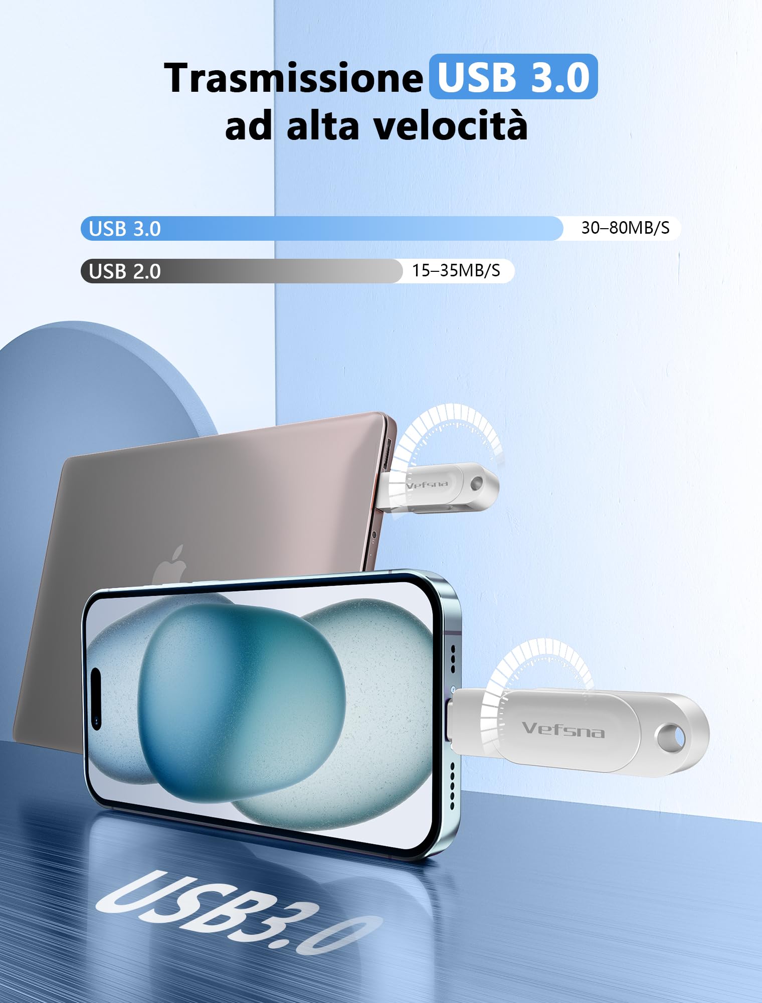 Vefsna MFi Certificazione Chiavetta iPhone 256GB, Memoria Esterna per scaricare foto,Pen Drive USB,Photo Stick, 3 in 1 USB Stick per IOS/iPad/Android/PC(Foto/Video/Backup Automatico),Argento chiaro