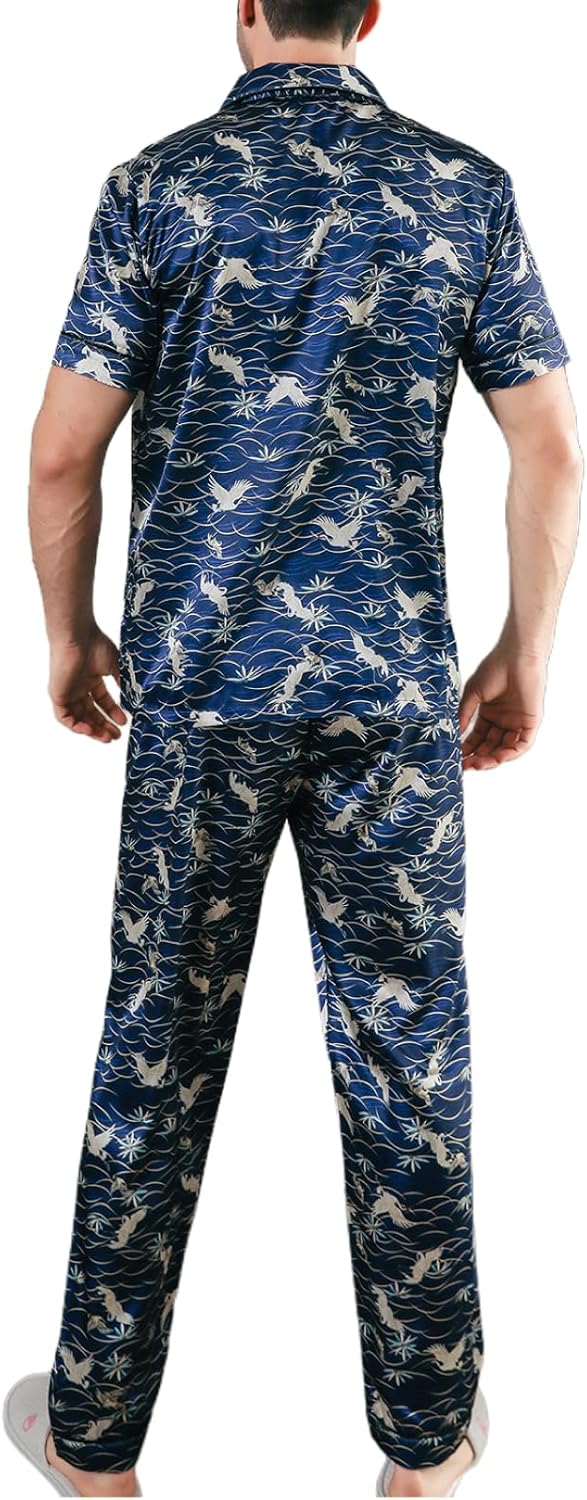 Men's Satin Pajama Set Short Sleeve Silky Pajamas Pants 3PCS Button Down Sleepwear Multicolor Silky Men's Pajama Set