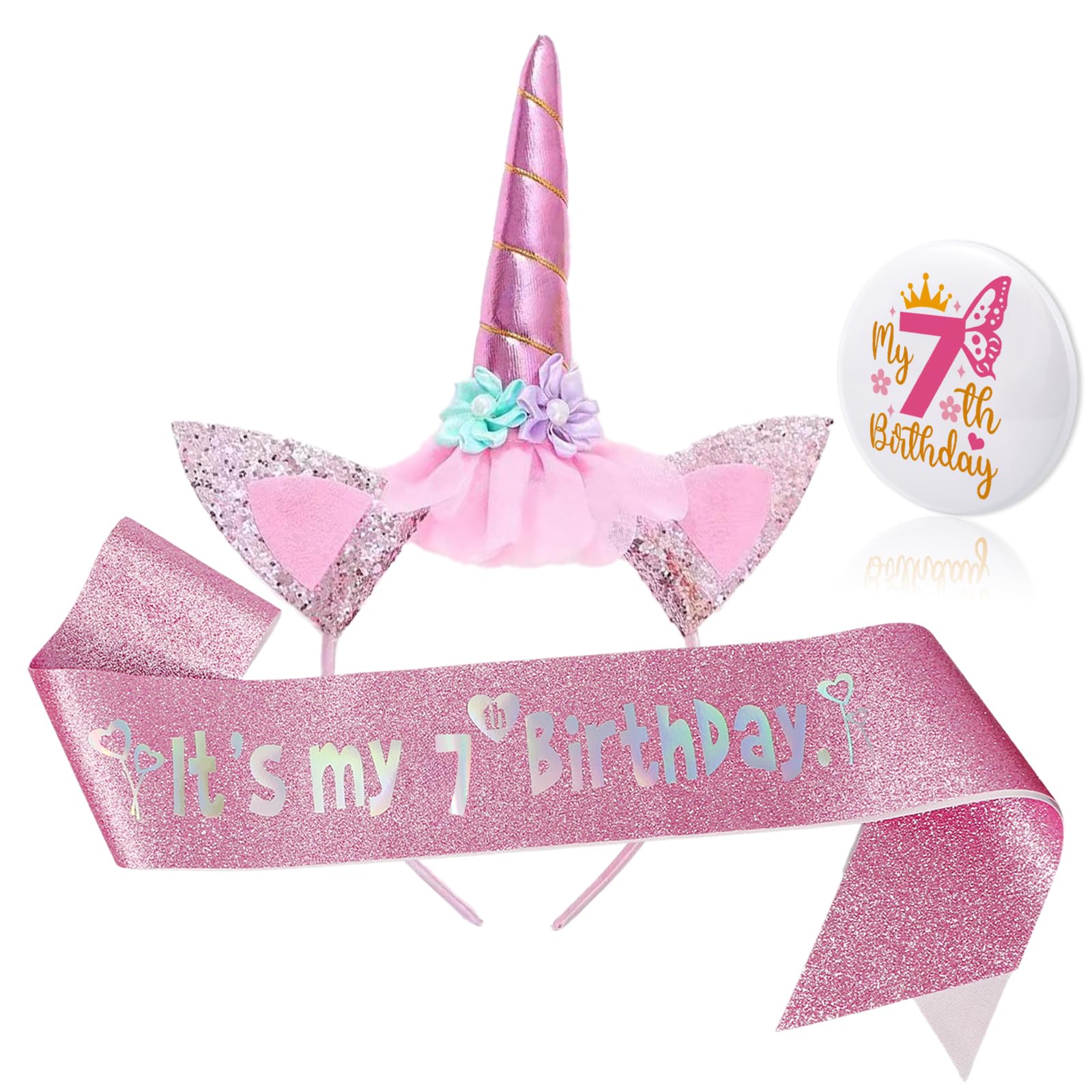 Bliceon 7th Birthday Girl Headband Sash and Badge with Pin, 3 Piece Pink 7th Birthday Decorations Girl for, Party Supplies, Daughter, Granddaughter, Niece, 7 Year Old Girls