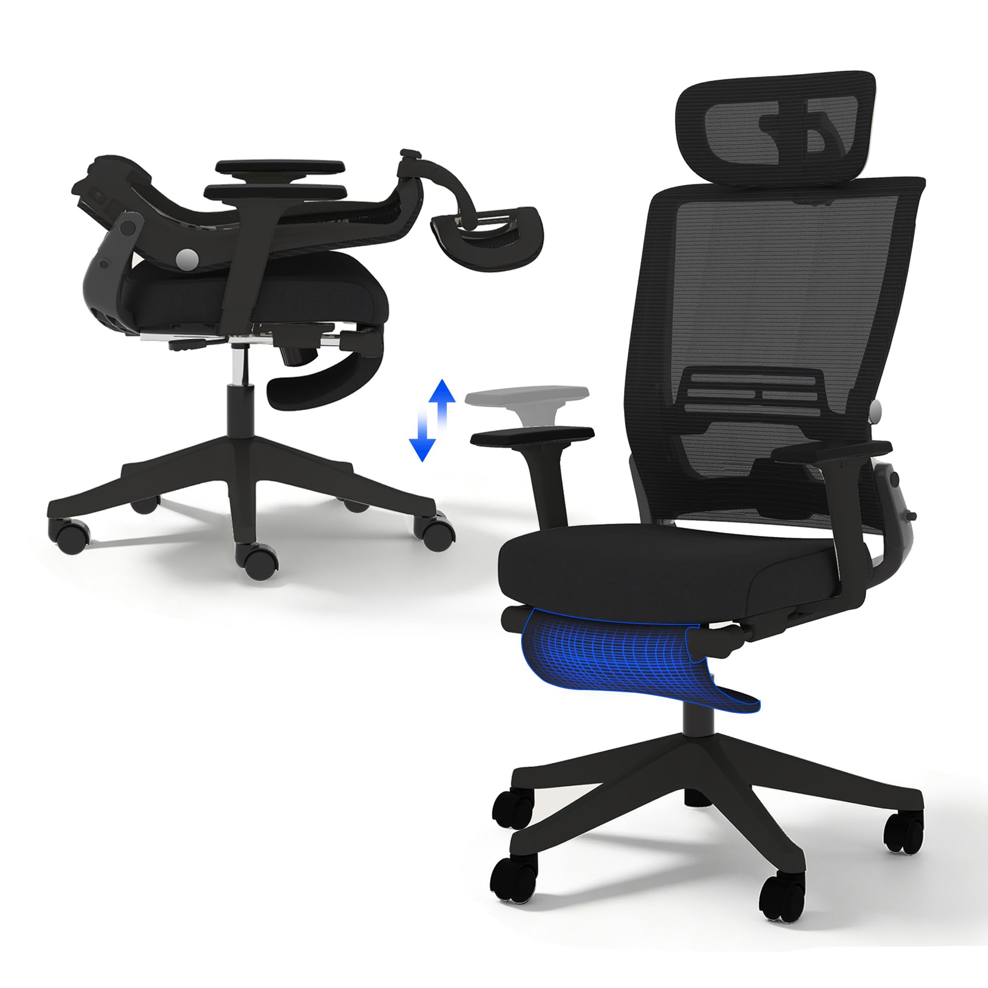 FLEXISPOT Ergonomischer Bürostuhl Foldex, Klappbarer Bürostuhl für Kleine Räume mit Lendenwirbelstütze, Höhenverstellbaren Armlehnen, 2D Kopfstütze, Fußstütze, Schwarz