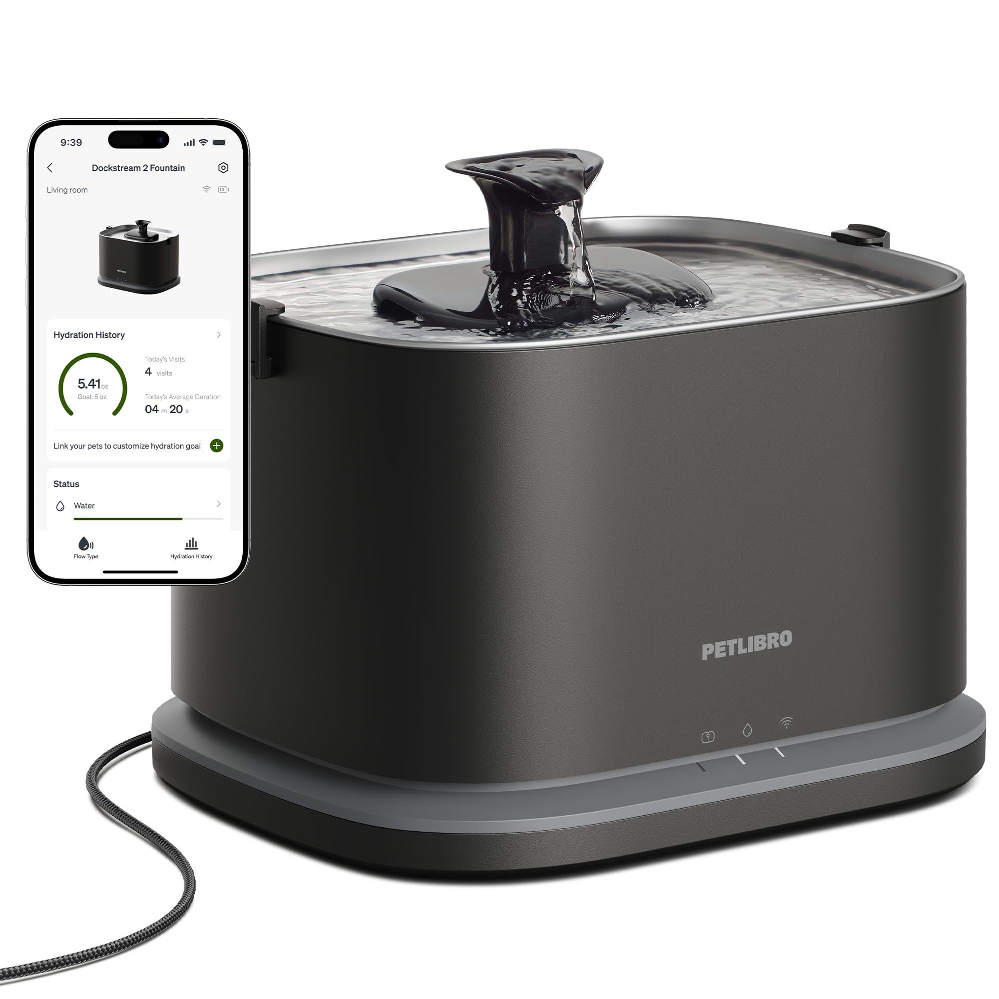 PETLIBRO Upgrade Cat Water Fountain Stainless Steel Tray, Dockstream 2 Cat Fountain Indoor, 3L/101oz Auto Cat Fountains for Drinking, App Monitoring Pet Water Fountain Dog, 5G WiFi Cat Water Dispenser