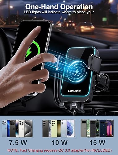Miniatura 5 de MOKPR - Cargador inalámbrico para automóvil, carga rápida de 15 W, sujeción automática para salpicadero, parabrisas, ventilación de aire, soporte