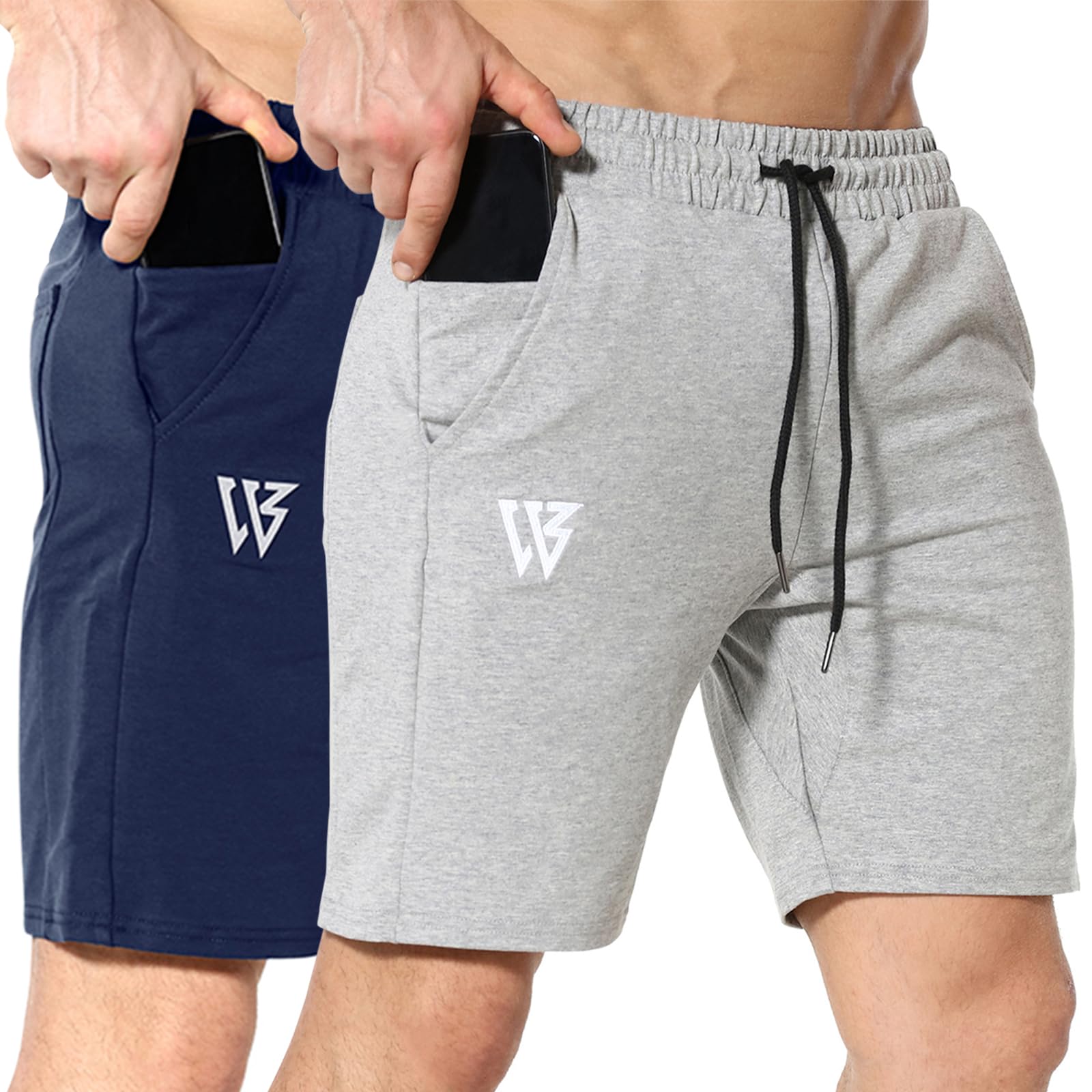 BROKIG Set di 2 pantaloncini sportivi da uomo con tasca con cerniera e pantaloncini da allenamento in cotone, da corsa, traspiranti, da corsa, da uomo