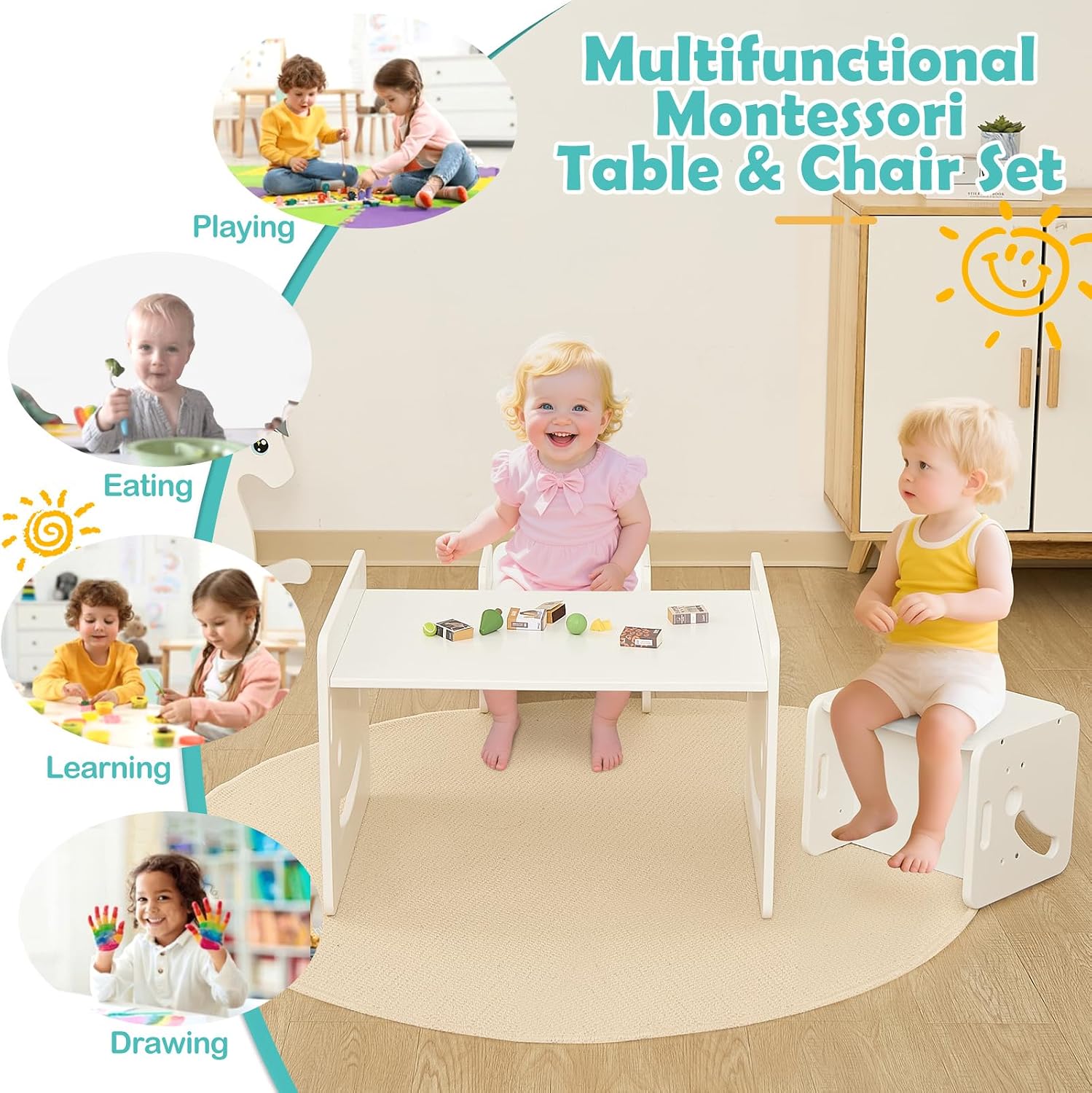 FUNLIO Height Adjustable Montessori Weaning Table and Chair Set for Age 1-3, Quality Solid Wood Toddler Table and 2 Chairs, Kids Table and Chairs for Reading/Eating/Playing,CPC Certified - White