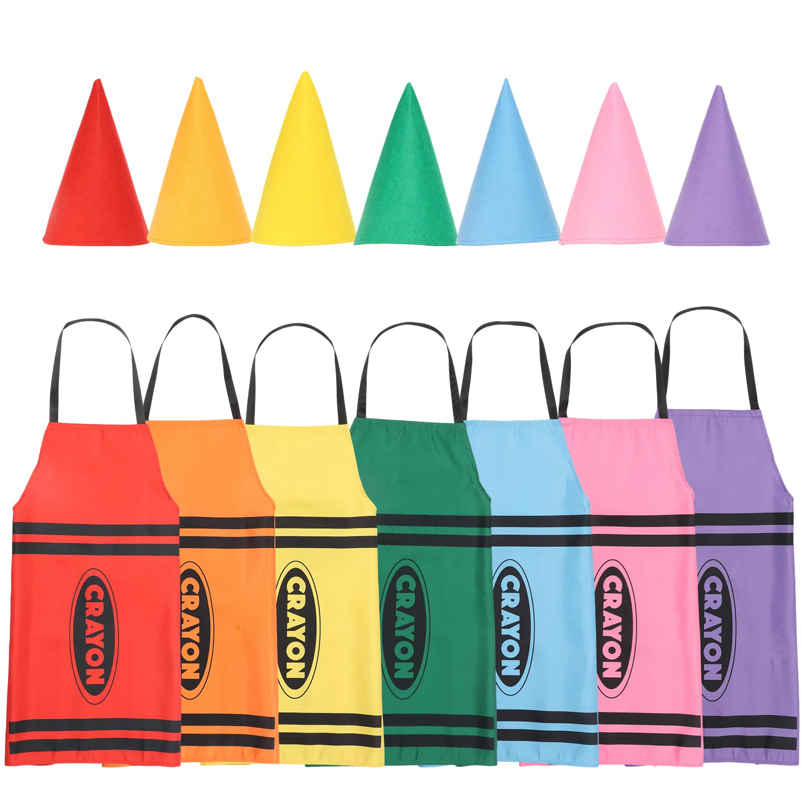 CBWERBB 7Pcs Crayon Apron Costume Set,7 Colors Fancy Crayon Apron and Funny Gnome Cone Hat Group Crayons Outfit for Adults Family Men Women Dress Suit for School Group Cosplay Dress Up