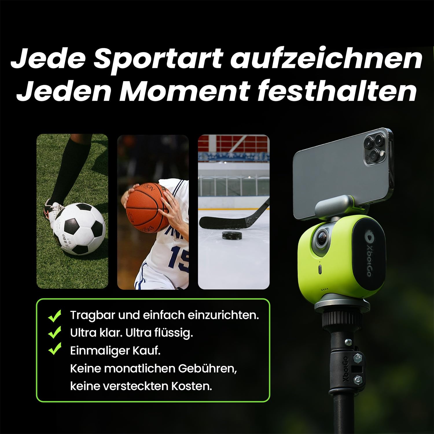 XbotGo Chameleon KI Team Sports Action Cam 4K 60FPS - Automatisch Verfolgen Fußball und Basketball, Freihändige Action Kamera für Sport, Live-Streaming, Kein Abonnement, mit iOS&Android (Lemon Green)