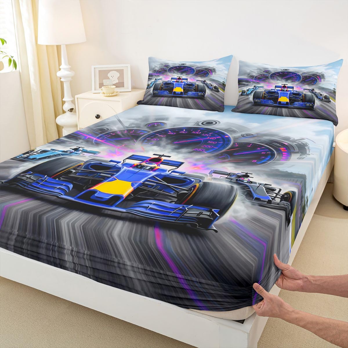Homewish Chłopięce prześcieradło z gumką King Race Car prześcieradła kierowca tor wyścigowy sporty ekstremalne zestaw pościeli, neonowa deska rozdzielcza niebieskie samochody pościel narzuta na łóżko