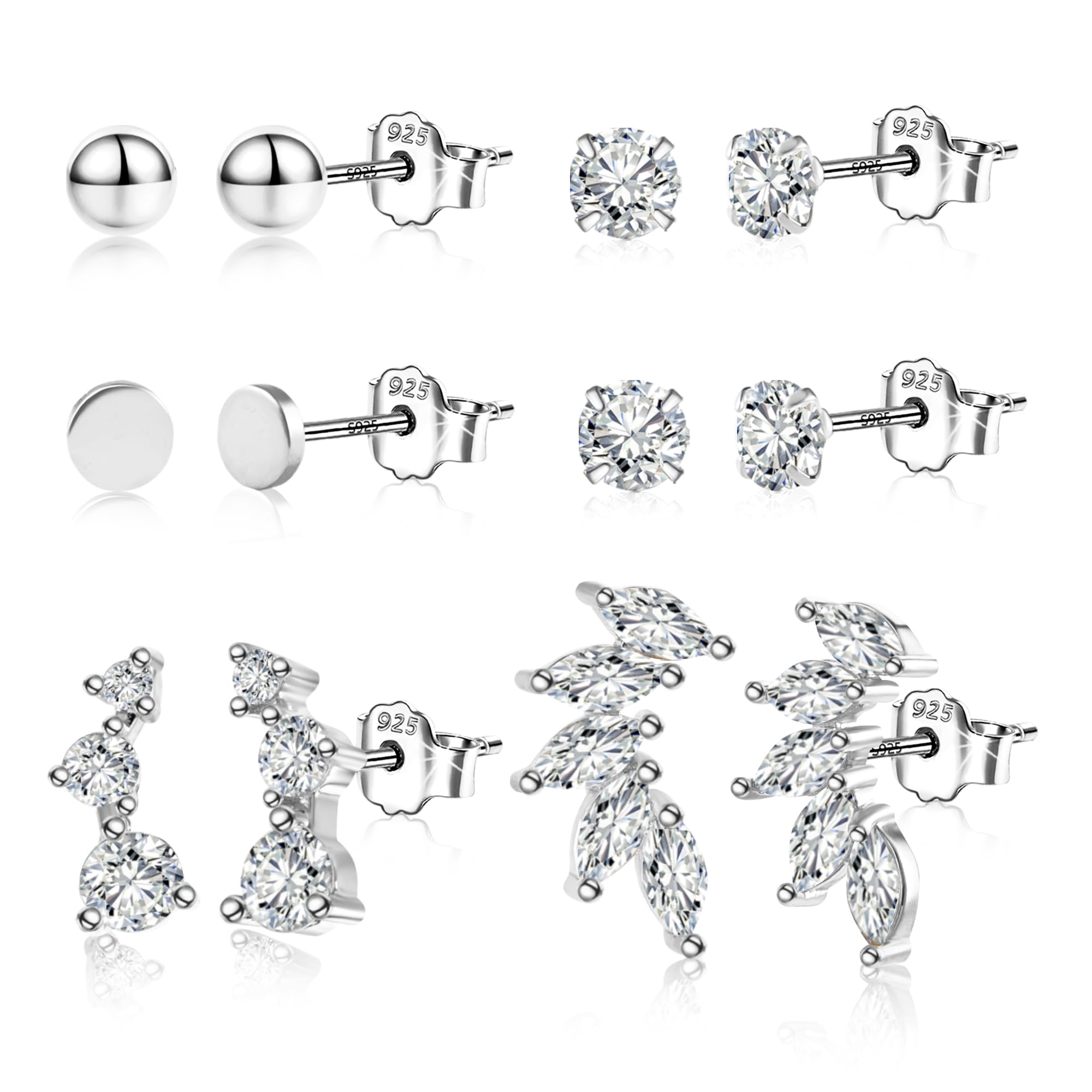 BOUTIQUELOVIN 925 Sterling Silver Stud Earrings Set for Women, 6 Pairs 14K Gold Hypoallergenic Trendy Small Moom Star CZ Cartilage Earrings