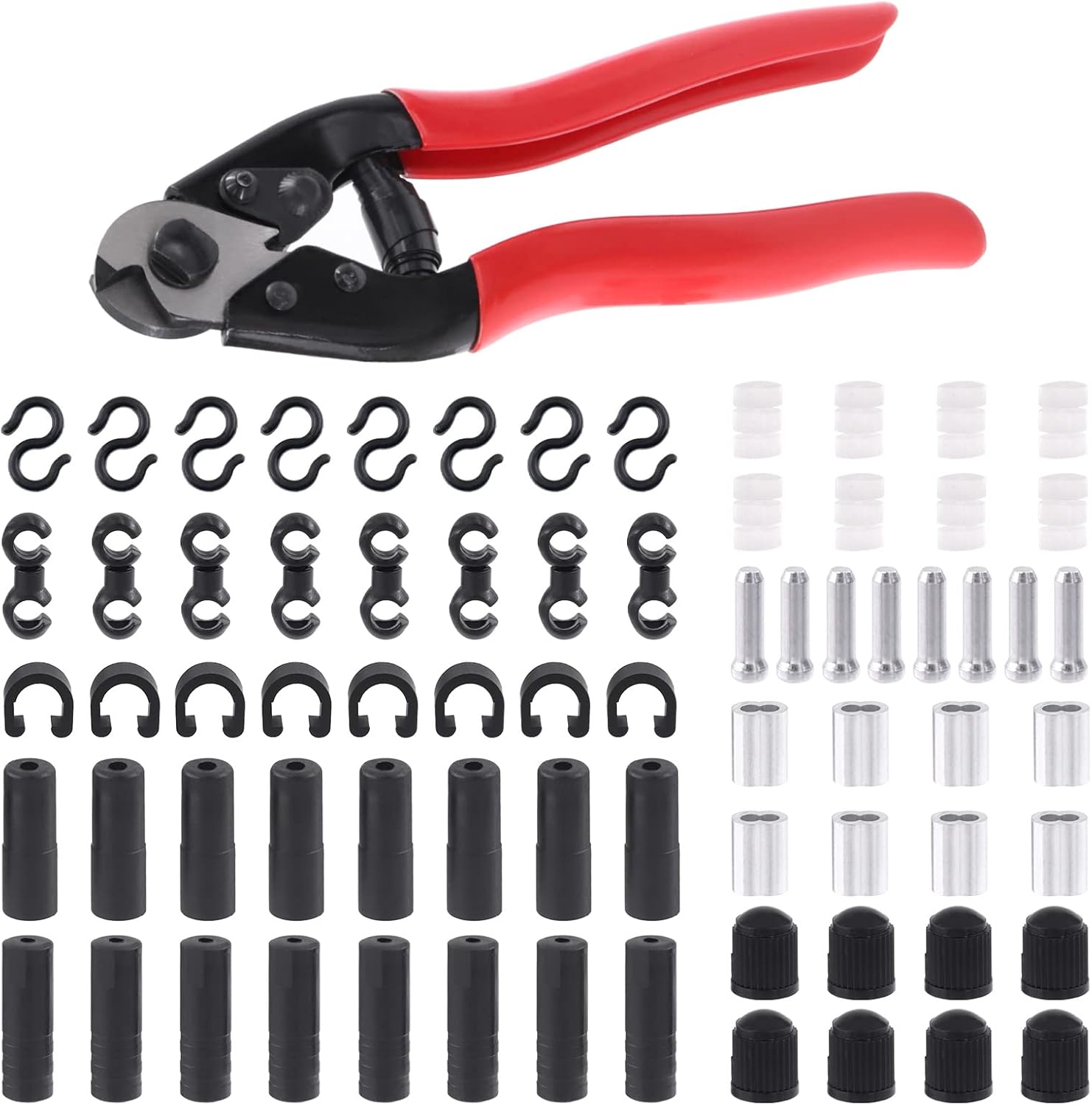 73Pcs Cable Cutter Wire Rope Heavy Duty with Bike Brake Shift Cable End Caps Ferrules and O Rings Valve Cores S-Buckle C-Buckle, Complete Bike Cable Housing Kit for Mountain Bike Road Bike