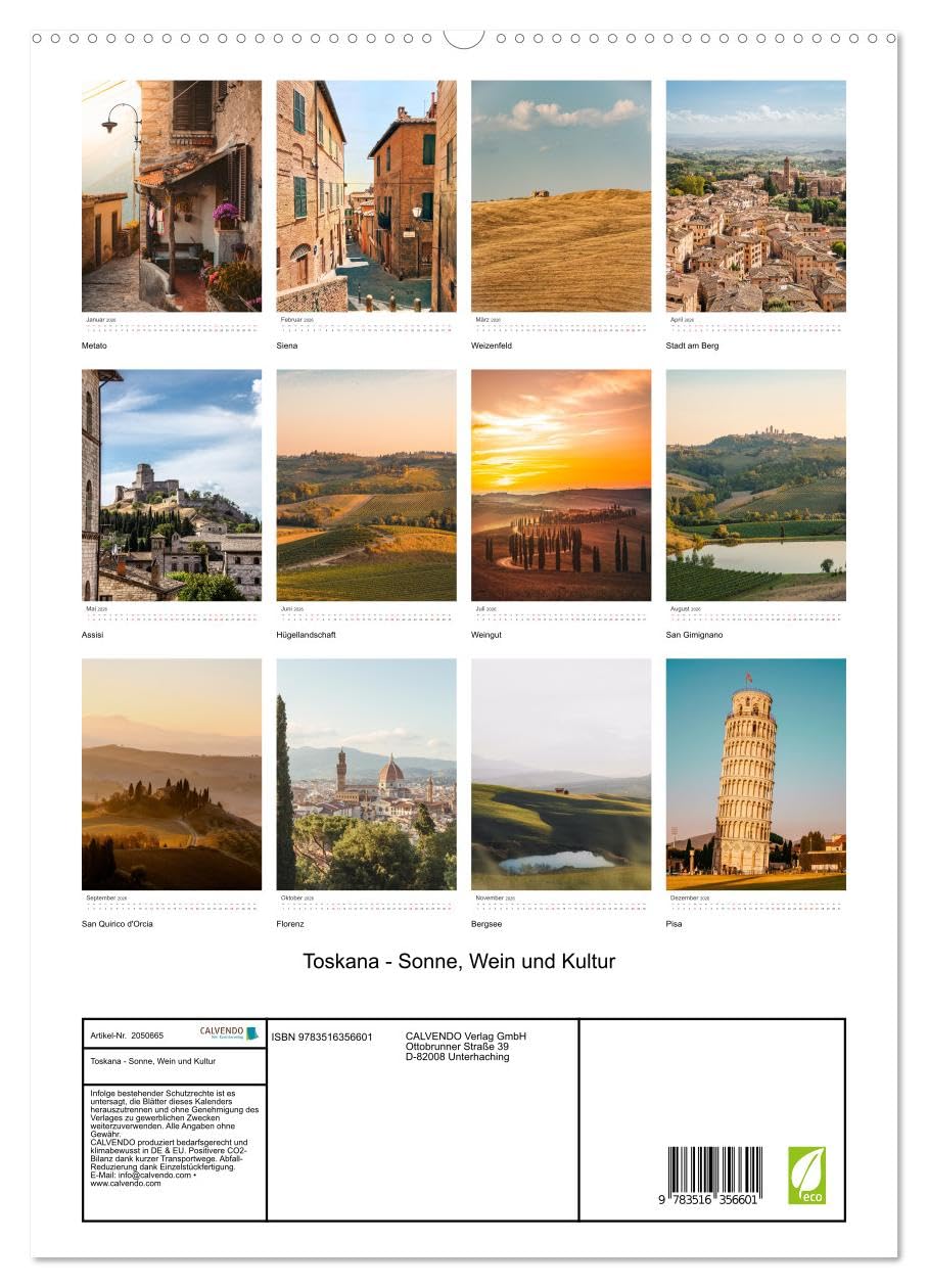 Toskana - Sonne, Wein und Kultur (hochwertiger Premium Wandkalender 2026 DIN A2 hoch), Kunstdruck in Hochglanz: Genießen Sie die atemberaubenden Bilder der Toskana. (CALVENDO Orte)
