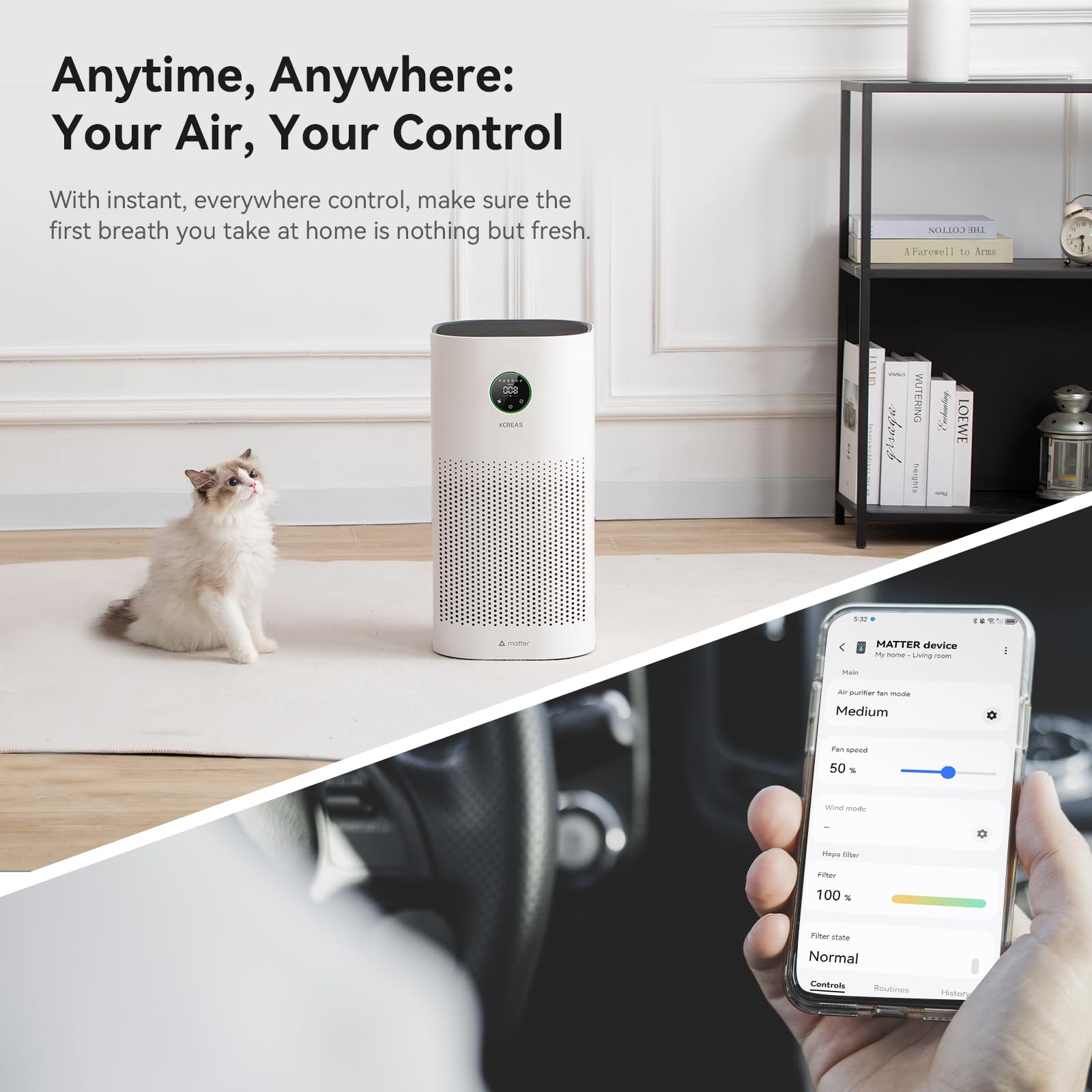 XCREAS Matter-Certified 1st Smart Air Purifier, Compatible with Apple HomeKit, Google Home, Alexa, Home Assistant (No App), HEPA 13 Filter and Washable Pre-Filter, Covers 240 Sq 4