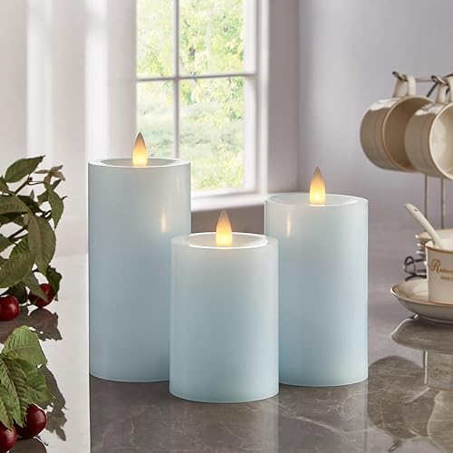 Miniatura 5 de Velas de pilar sin llama de cera parpadeantes con temporizador remoto, velas LED de llama móvil 3D de hasta 400 horas con 2 pilas AA, juego de 3, 3