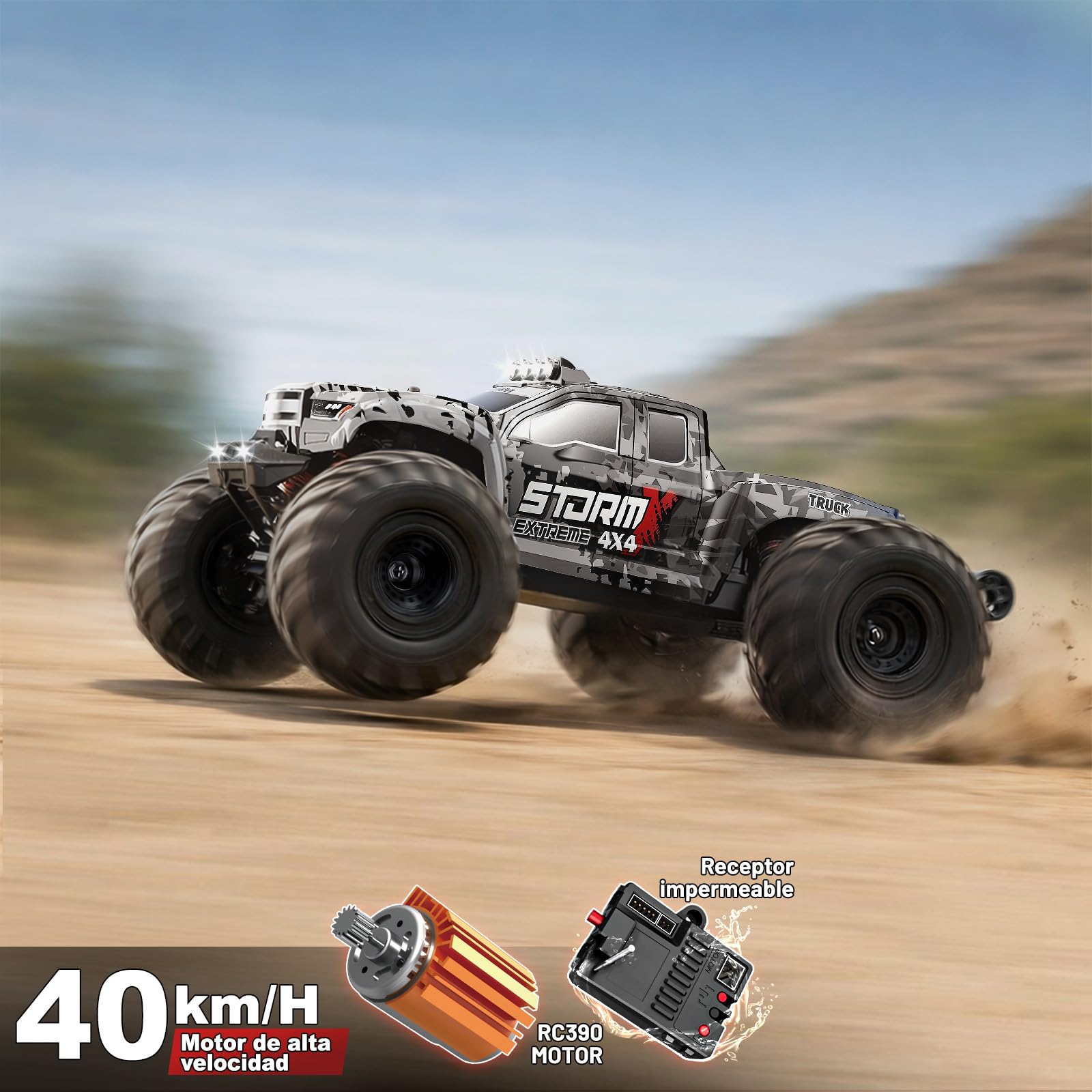 Coche Teledirigido Adulto 1:14 4x4 Off-Road, RC Car Todo Terreno 40 km/h, con 2 Baterías 1300mAh y 2 Juegos de Neumáticos, Coche Radiocontrol Rápido para Adultos y Niños