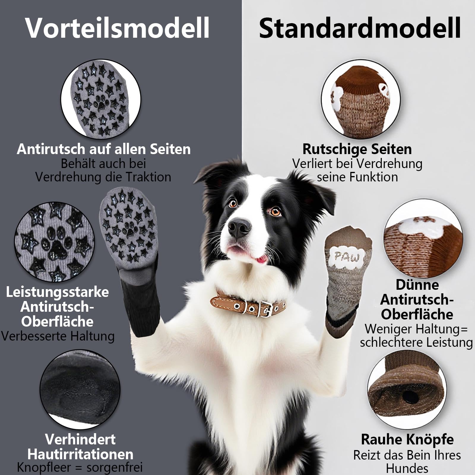 Lot de 2 paires de chaussettes antidérapantes pour chien - Protection des pattes de chien - Protection contre la chaleur - Avec fermeture réglable et bande réfléchissante - Contrôle complet de