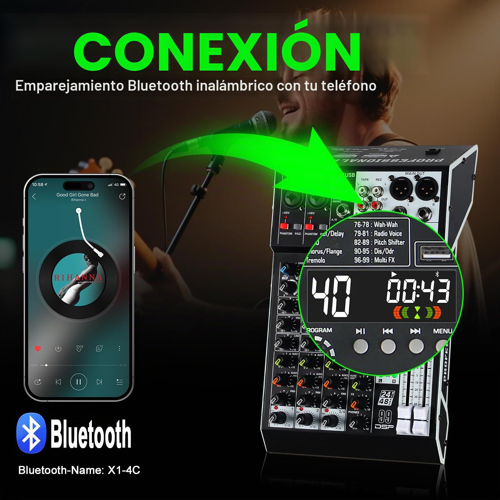 Consola de mezcla de audio de 4 canales con 99 efectos DSP, mezclador DJ digital, panel de mezcla profesional con USB, Bluetooth, alimentación fantasma de 48 V