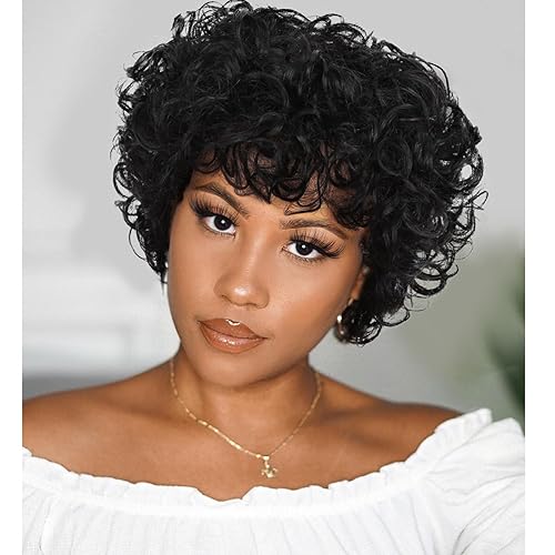Miniatura 9 de Quantum Love Pelucas cortas de cabello humano rizado suelto de 8 pulgadas, color 99J, rizado, brasileño, virgen, peluca afro con flequillo para
