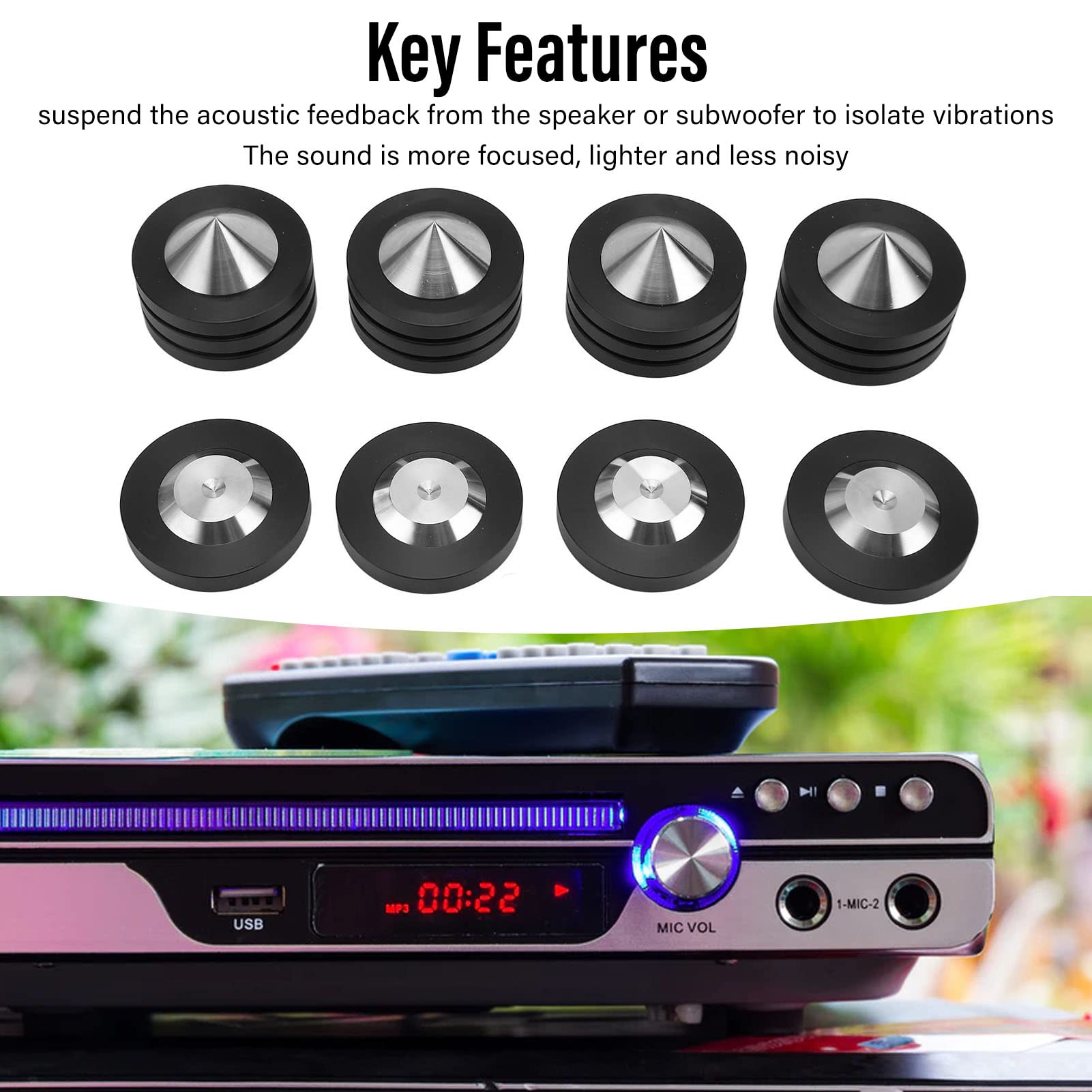 SP4937 4 pezzi di piedini isolanti per altoparlanti, piedini isolanti per giradischi HiFi destinati ad amplificatori, lettori CD/DVD e registratori, punte ammortizzanti in acciaio