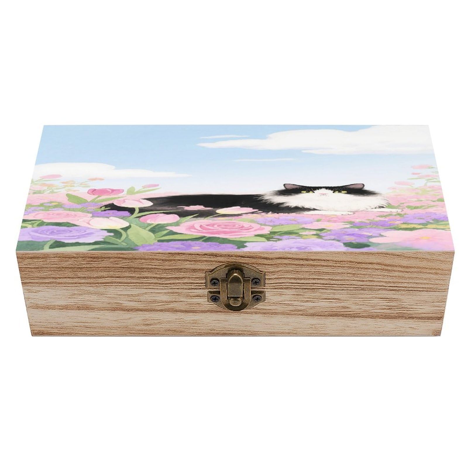 VstaDank Cat Floral Watercolor Wooden Box Sturdy Vintage Storage Box with Hinged Lid Exquisite Wood Keepsake Boxes Large Jewelry Case Cute Trinket Holder Unique Gift for Men & Women