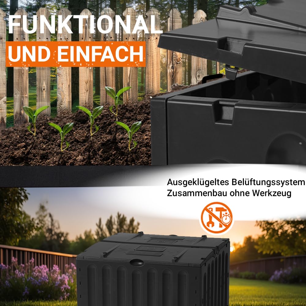 GARANTIA ECO-King Komposter 600 Liter schwarz - zum bequemen Befüllen im Garten - ohne Werkzeug schnell montierbar - mit praktischer Entnahme und windstabiler Deckelfixierung bei Witterung im Freien