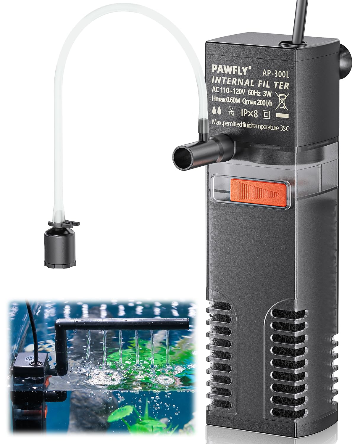 Pawfly Fish Tank Filter, Internal Submersible Power Filter with 55 GPH 200 L/H Water Pump and Sponge for 11 L to 38 L Aquarium, Small Multifunctional Filter for Filtration Circulation and Oxygenation